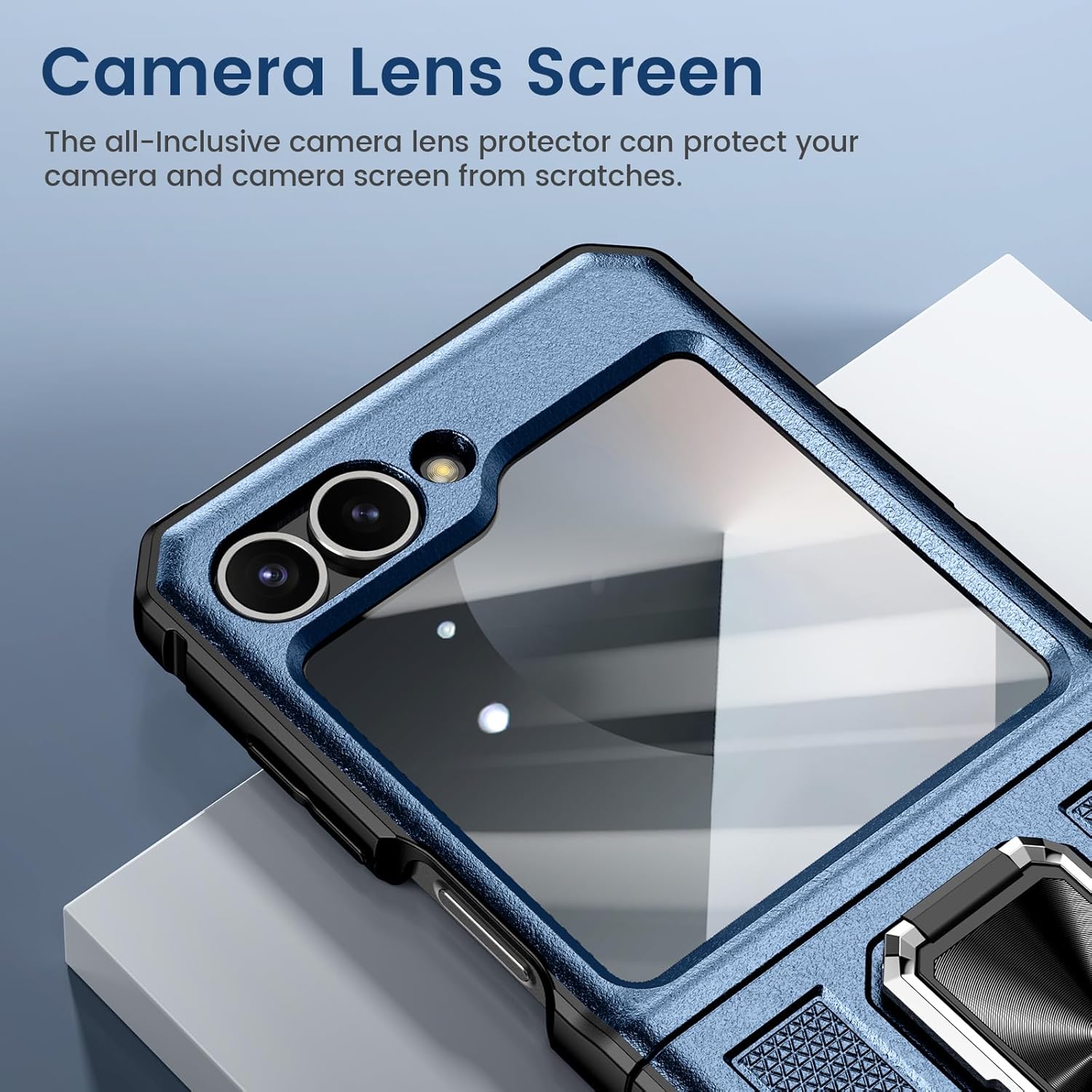 VEGO for Samsung Flip 6 Case with Belt Clip Holster, Hinge Protection Case with 360° Ring Kickstand & Camera Screen Protector Heavy Duty Protective Armor Cover for Galaxy Z Flip 6 - Blue