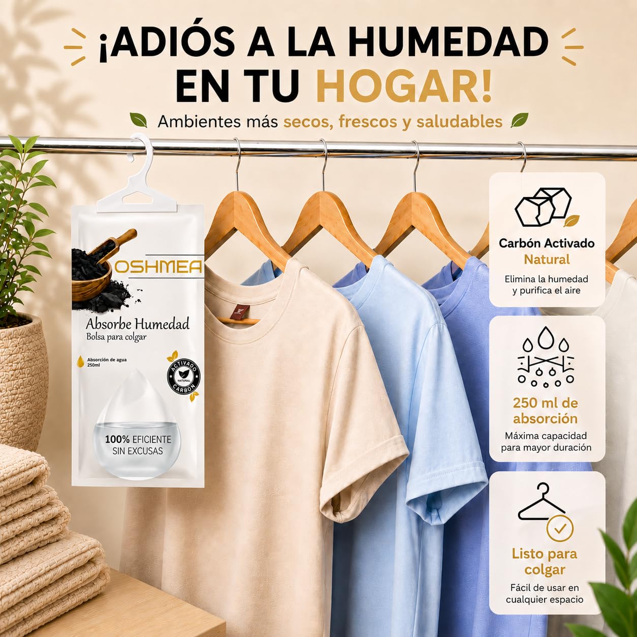 Pack de 5 Bolsas Antihumedad PREMIUM con CARBON ACTIVADO | Bolsas Deshumidificadoras para colgar | Deshumidificador Armario | Previene Humedad y Malos Olores en Ropa y Armarios | Alta Eficacia