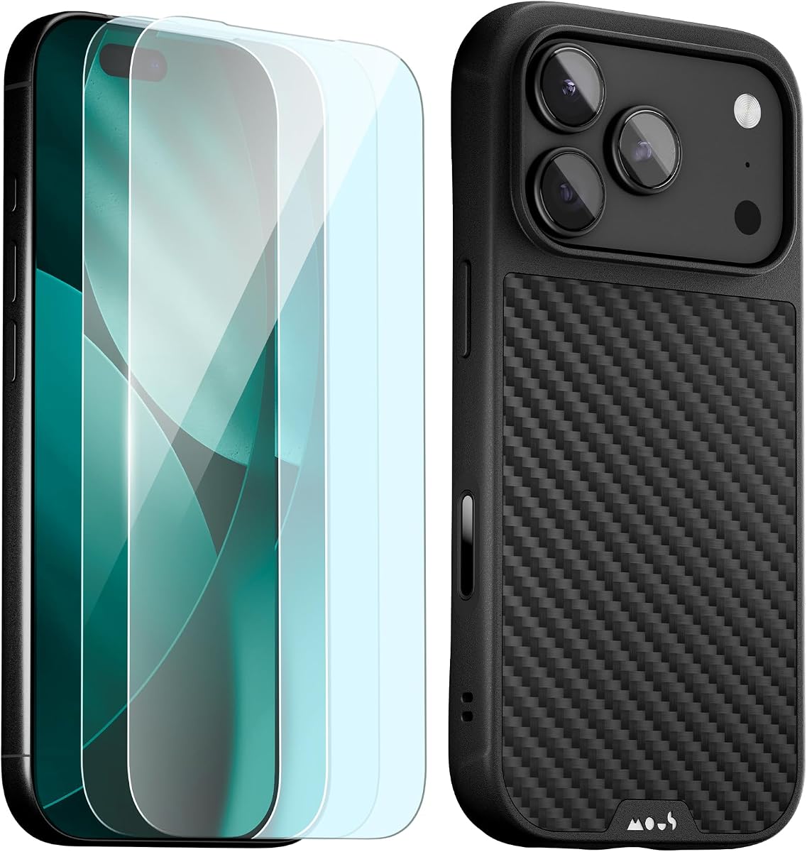 Mous para iPhone 17 Pro Max Estuche y Paquete de 2, Estuche para Teléfono de Fibra de Carbono | Mous Funda para iPhone 17 Pro Max y 2 protectores de pantalla antiluz azul, protección de grado militar a prueba de golpes de carbono