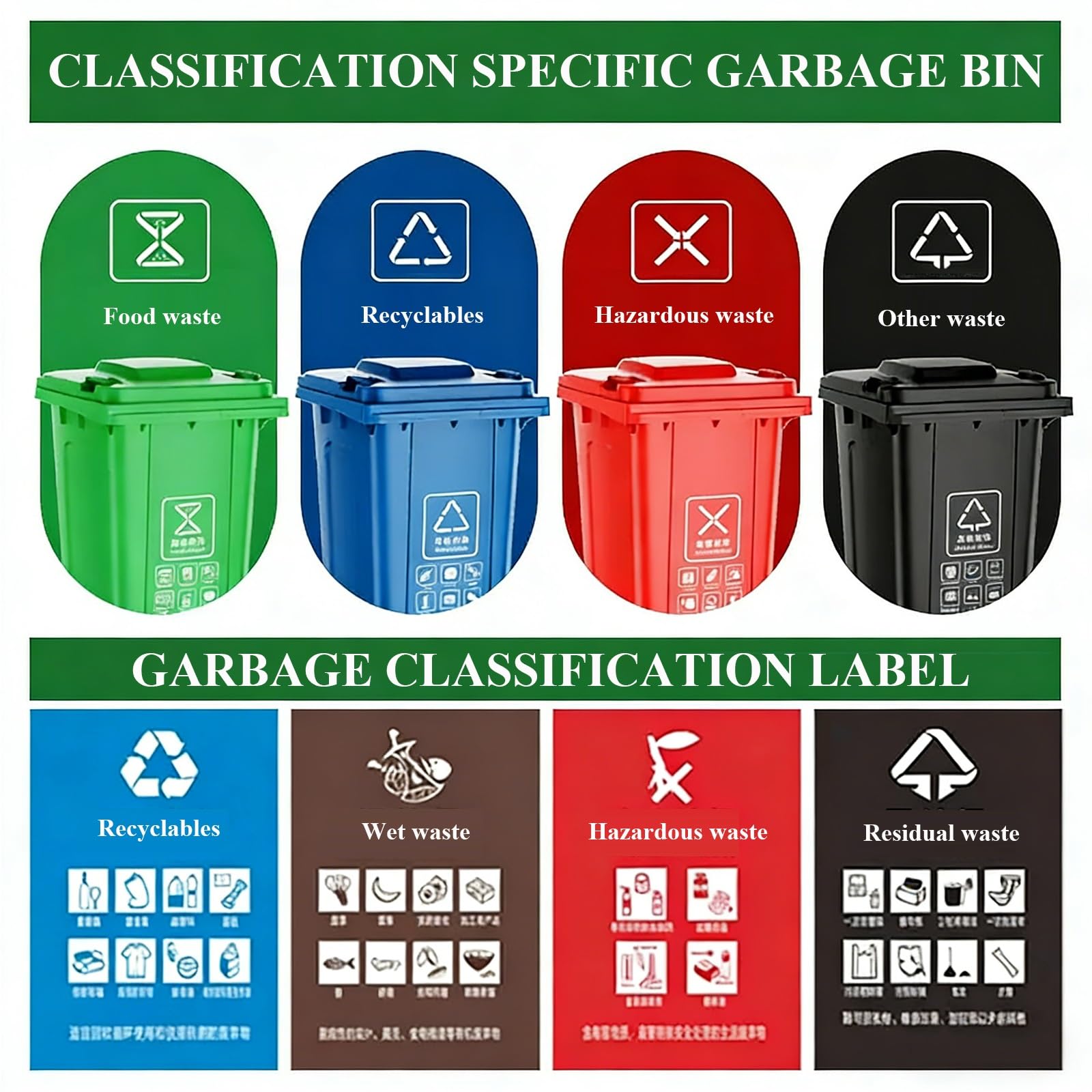 Ciche gumowe koła kosz na śmieci do zróżnicowanego zbierania wewnątrz recyklingu na zewnątrz, wytrzymały plastik (zielony, 240L)