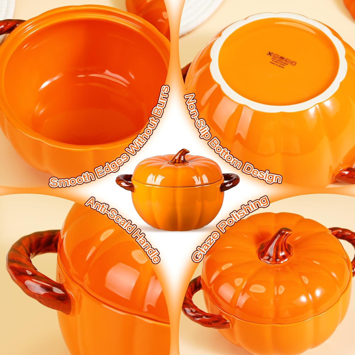 Maxdot Set of 5 Ceramic Pumpkin Bowls with Lid and Handles, Orange