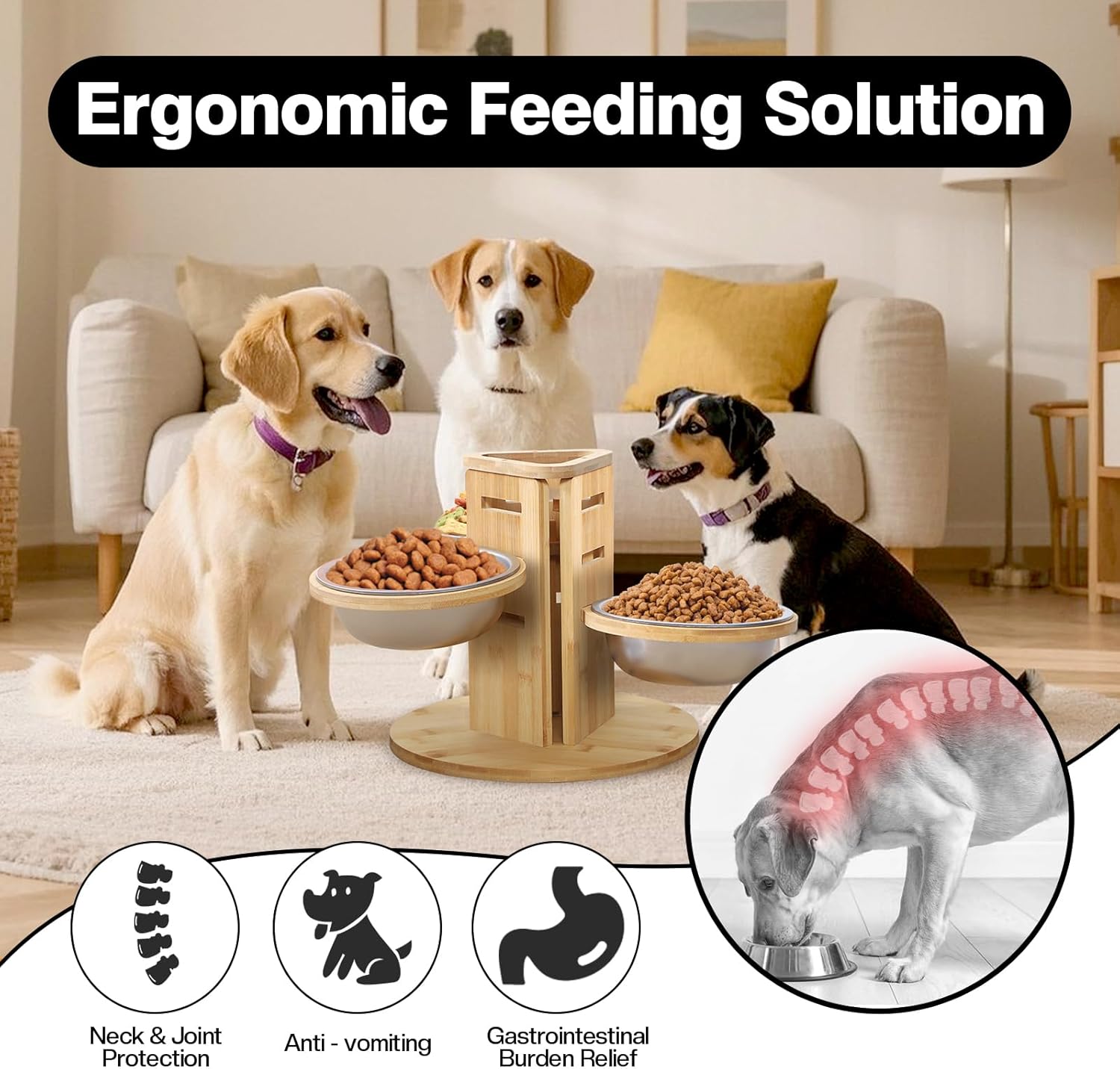 3 Bowl Dog Feeding Station, Dog Bowls Elevated, Food Water Stand for Indoor Outdoor Cats, Three Adjustable Heights: 5.17", 7.87", 10.63"
