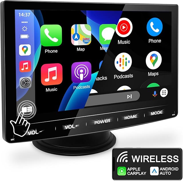 URVOLAX Wireless Carplay Android Auto,7calowy Ekran Dotykowy HD IPS Przenośne Carplay z łączem Airplay Mirror,Universal Car Play Obsługa Radia/Bluetooth/Wifi/AUX/Nadajnik FM/Nawigacja GPS
