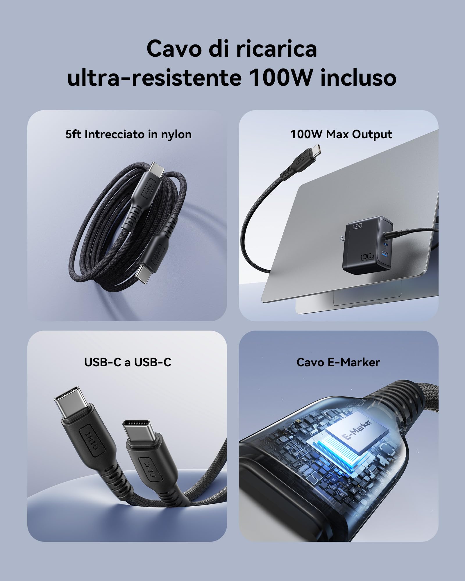 INIU 100W USB C Caricatore, GaN Multiplo Presa USBC Caricabatterie, Alimentatore Rapido Compatto con Cavo per MacBook Pro Air iPad, iPhone 17 16 15 Pro Max, Samsung S25 S24 Ultra, Switch 2, Xiaomi 15