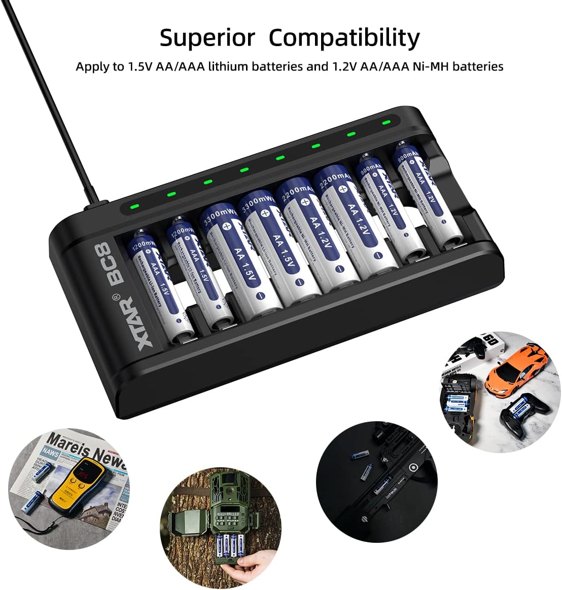 Charge Multiple AAA Rechargeable Batteries Simultaneously with the XTAR BC8 Smart AA AAA Charger - 8 Bays for 1.5V Lithium and 1.2V Ni-Mh Ni-Cd Rechargeable Batteries (BC8 Charger+QC3.0)