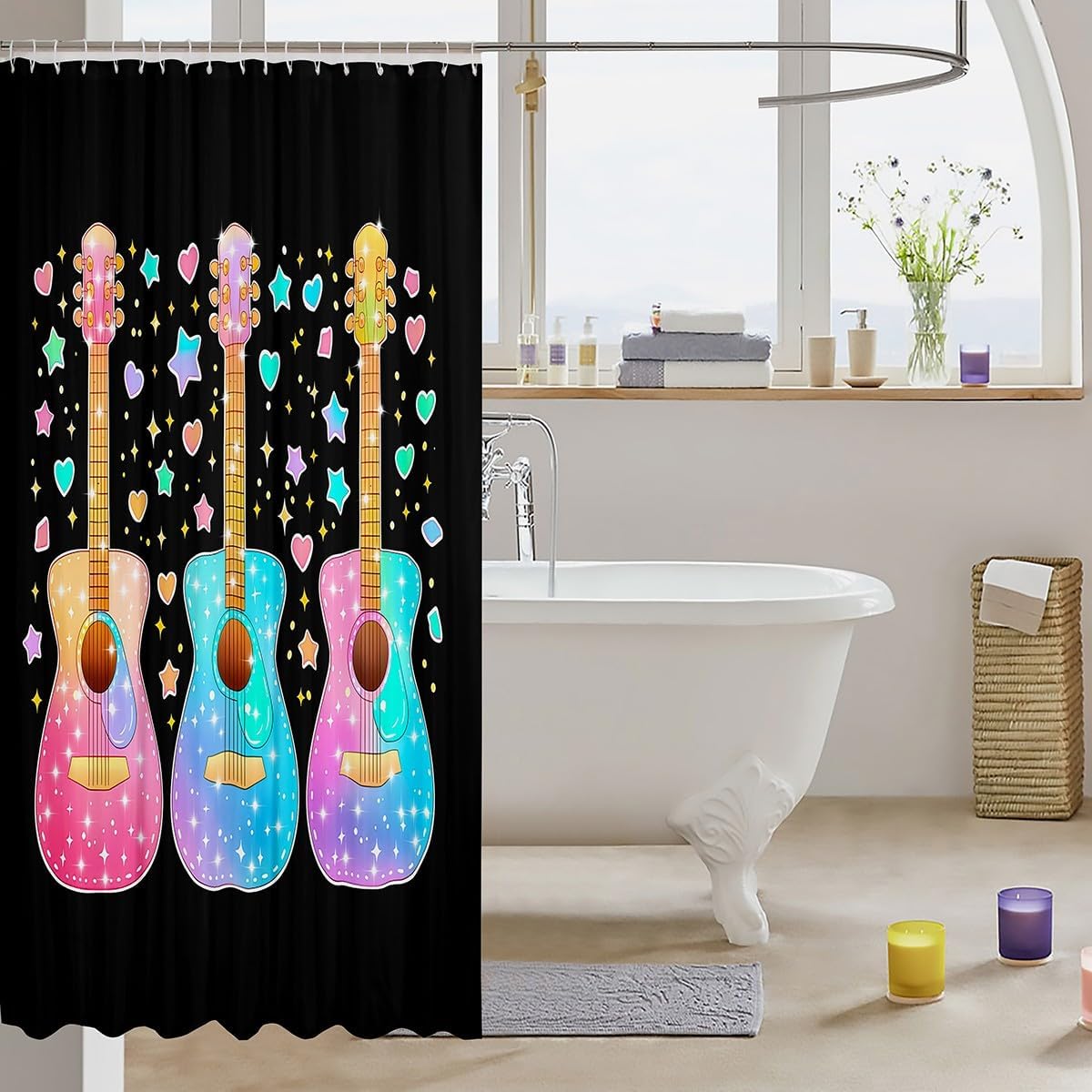 jejeloiu Girls Guitar Bathroom Accessories 72"x72" Music Lover Shower Curtain for Bathroom Decor for Kids Boys Girls Glitter Pink Blue Decor Bath Curtain Waterproof Polyester Fabric image 3