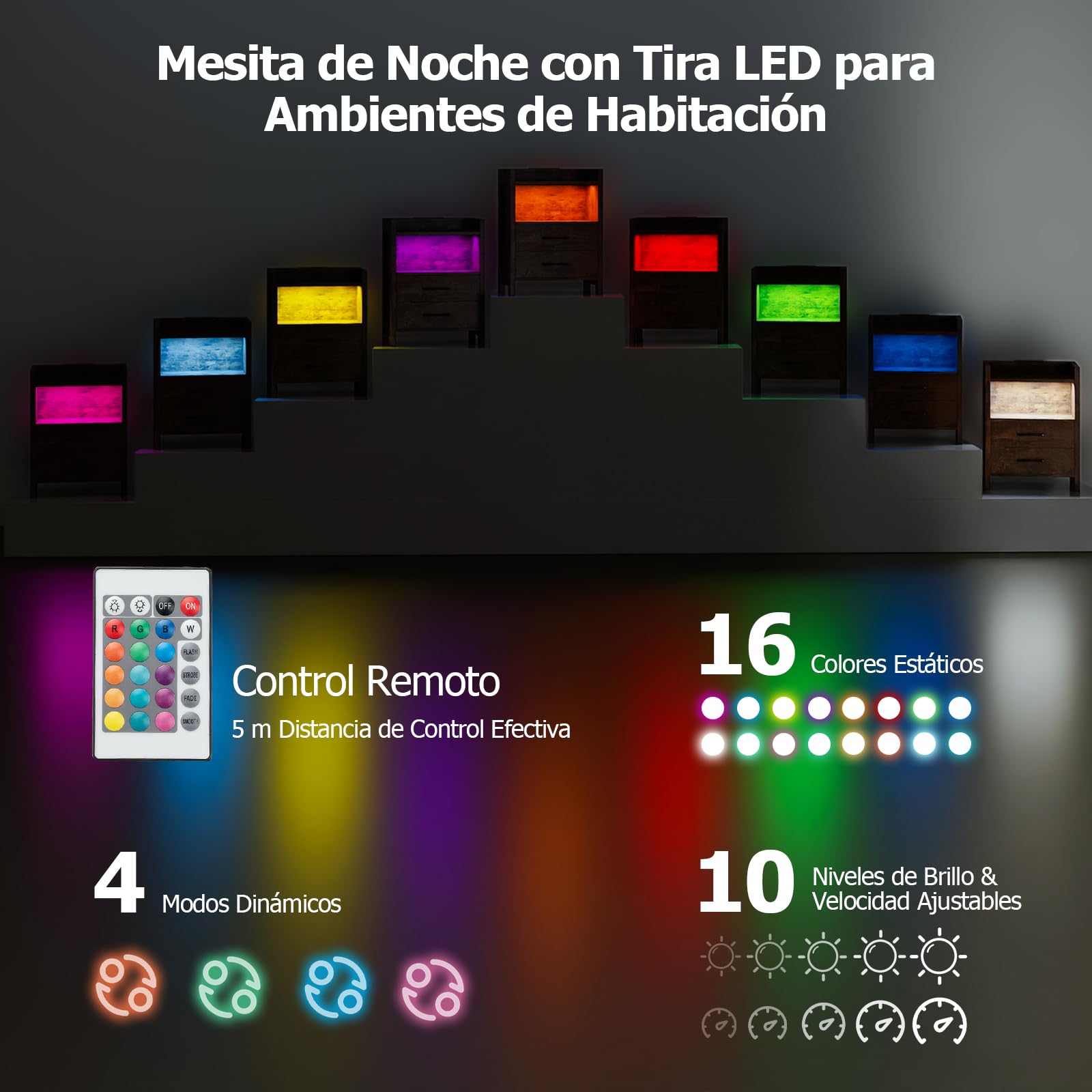 COSTWAY 1/2 Mesita de Noche con Luces LED RGB y Enchufes, Mesillas de Noche con 2 Cajones y Estante Abierto, Mesa Auxiliar Madera Inteligente Sofá Salon Dormitorio, 45 x 35 x 60 cm (2, café)