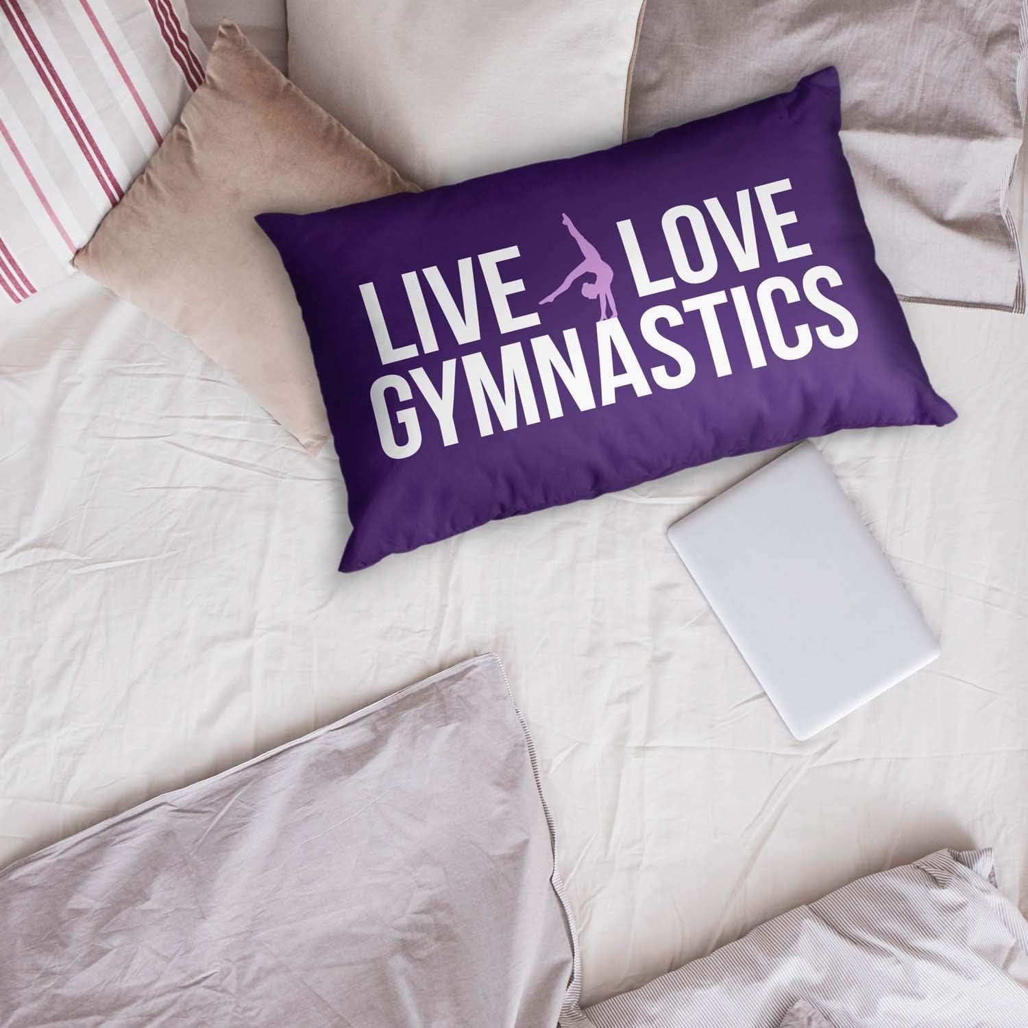 ChalkTalkSPORTS Live Love Gymnastics Pillowcase | Gymnastics Pillowcase Home Decor | Purple