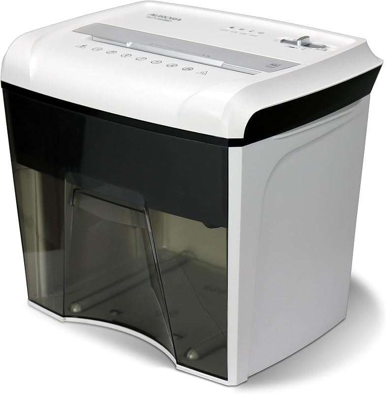 AU1285MD Trituradora compacta de papel microcortado de 12 hojas de alta seguridad estilo escritorio y CD/tarjeta de crédito/correo basura con cesta extraíble, blanco/negro