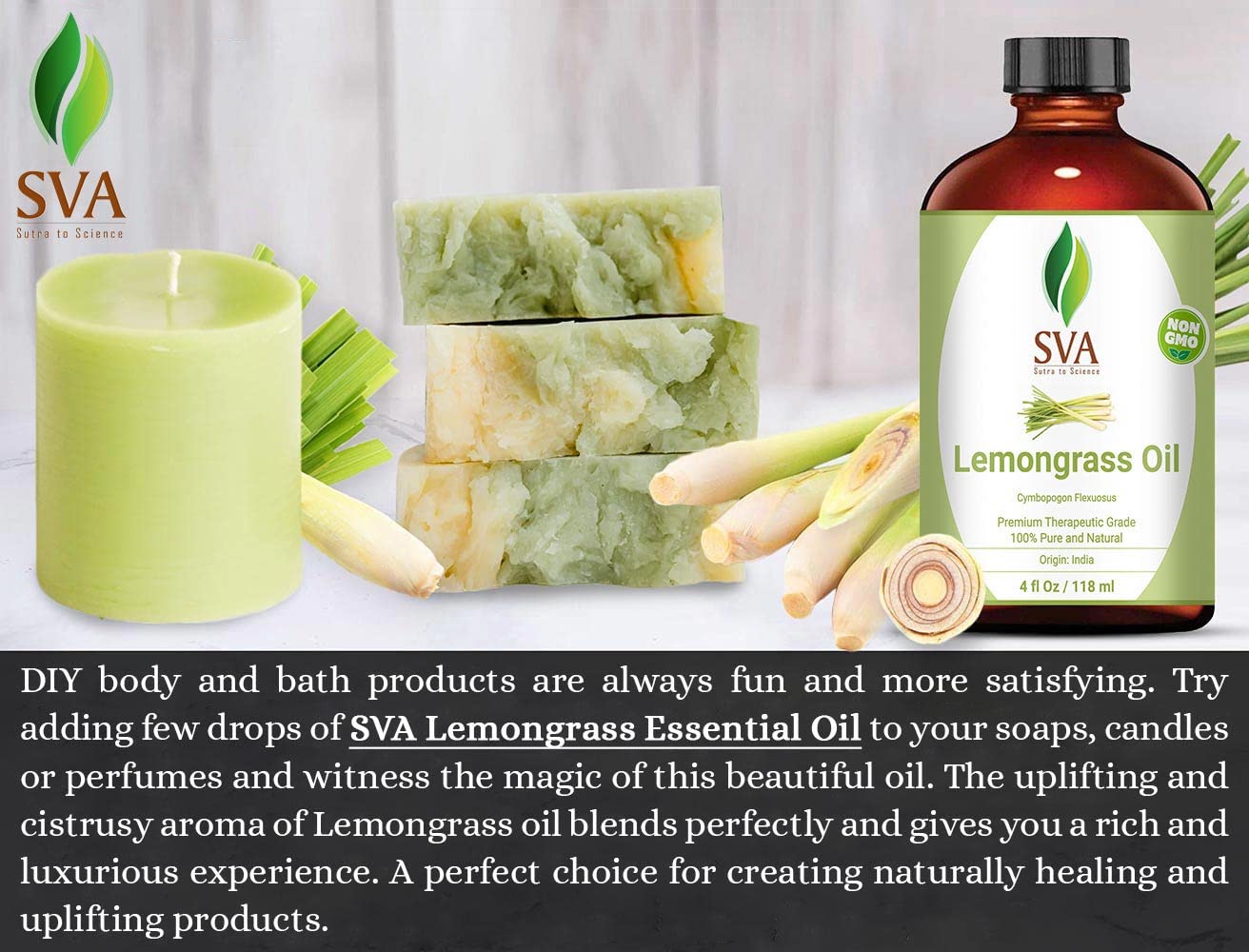 SVA Lemongrass Oil 4 Oz 100% Pure Natural Undiluted Premium Therapeutic Grade Oil for Diffuser, Aromatherapy, Skin, Face & Hair : Health & Household