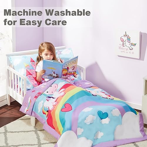 Vista 4 de EVERYDAY KIDS 4 Piece Toddler Bedding Set - Unicorn Dreams - Includes Comforter, Flat Sheet, Fitted Sheet and Reversible Pillowcase