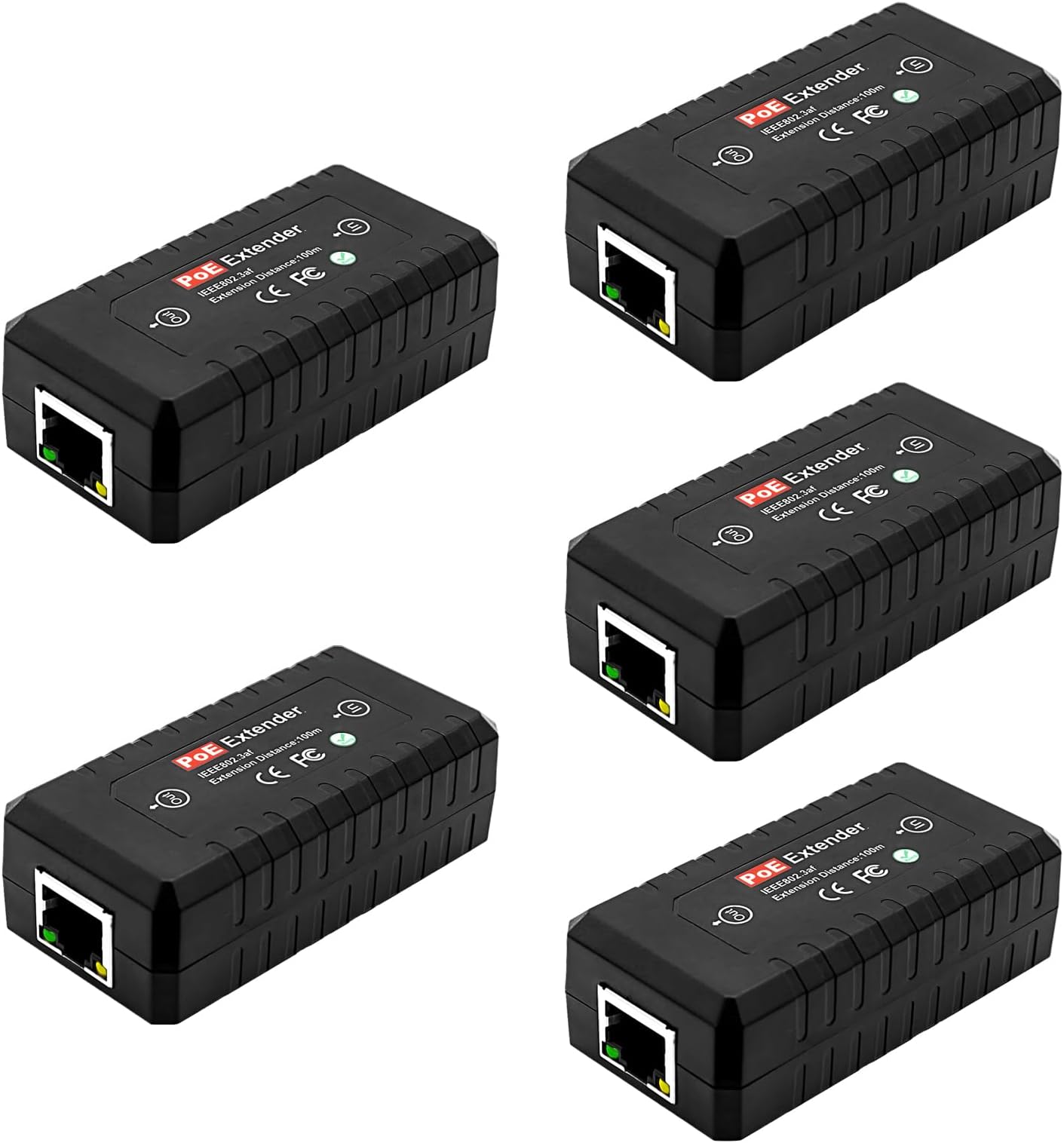 5-Pack PoE Extender Kit – 1-Channel Ethernet Passthrough Switch, for 10/100Mbps Networks, Complies with IEEE 802.3af, Supports Daisy Chaining up to 400 Meters (3 Units in Series)