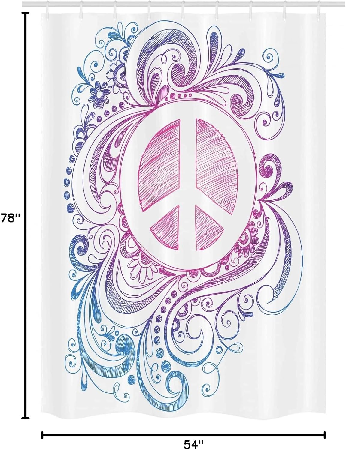 Ambesonne Groovy Stall Shower Curtain, Classic Hand Drawn Style Peace Sign and Swirls Freedom Change Hope Roll, Fabric Bathroom Decor Set with Hooks, 54" W x 78" L, Pink Blue White
