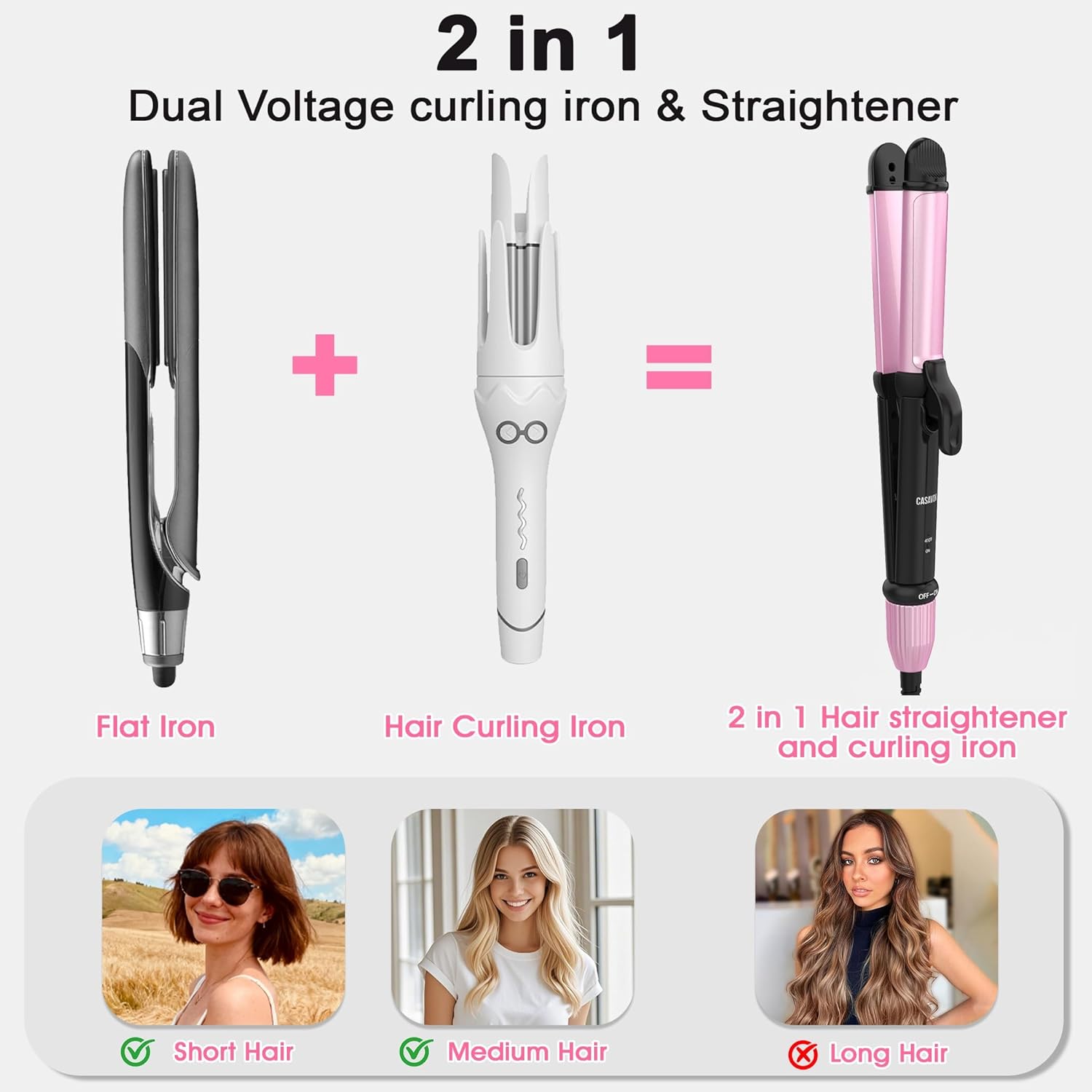 Dual Voltage Curling Iron for Travel,110V-240V Curling Iron 1 inch with European Plug Adapter,2 in 1 Hair Straightener and Curler,Ceramic Curling Irons for Short Hair,Heat-Resistant Pad(Pink)