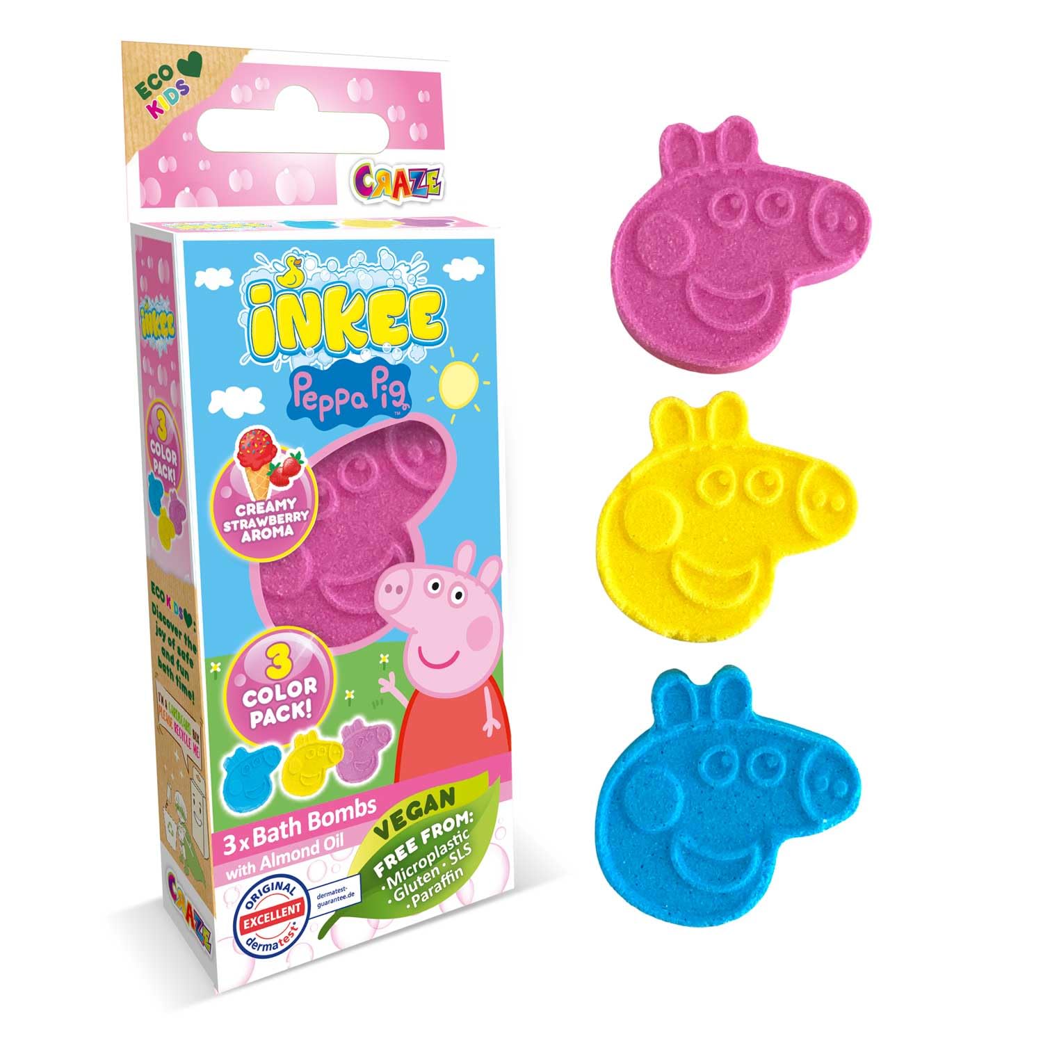 INKEE Mini Pack Peppa Pig, Set of 3 Bath Bombs for Children with Shapes of Their Peppa Pig Characters and Strawberry Scent, Guaranteed Fun