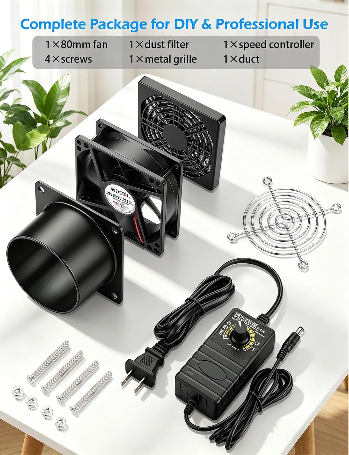 80mm x 25mm 12V PC Exhaust Fan with AC Variable Speed Controller,Small 3 Inch Dual Ball Bearing DC Brushless Cooling for Paint Booth,Fume Extractor, Greenhouse,Electronics Cabinet,DIY Project