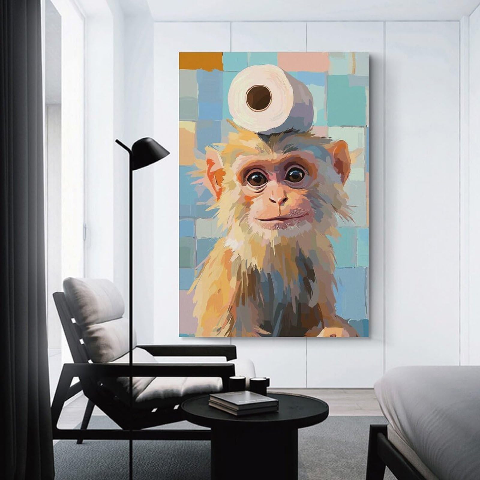 Junmoney Unframe-Style-22 Monkey With Toilet Paper On Head Wall Picture Print, 24X36inch(60X90cm), For New Homes, Bedrooms Or Workspaces, Thoughtful Wall Decor For Art Lovers
