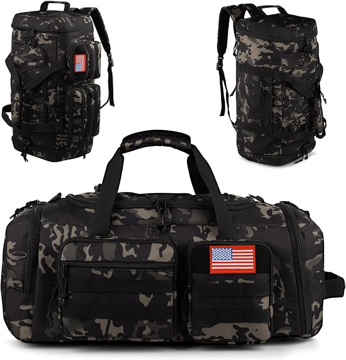 Tactical Gym Bag for Men，50L Large 3 in 1 Sports Duffle Bag with Shoes Compartment for Travel,Water Resistant Travel Backpack Weekender Overnight Bag with Wet Pocket for Women