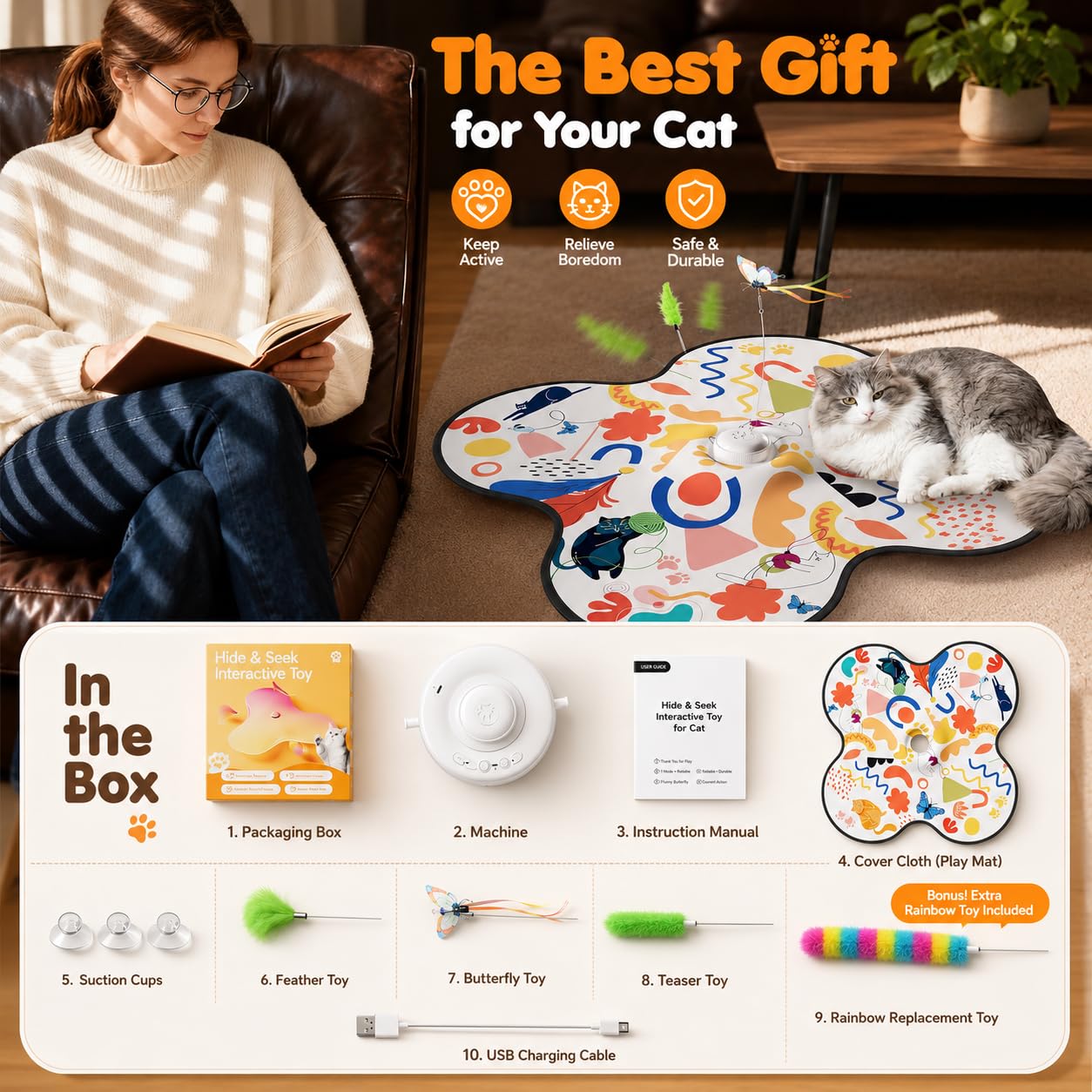 Pet's Var Jouets interactifs pour chats d'intérieur – Jouet pour chat à activation automatique du mouvement avec baguette mobile, son de papillon et de souris, jouet d'exercice rechargeable pour chats