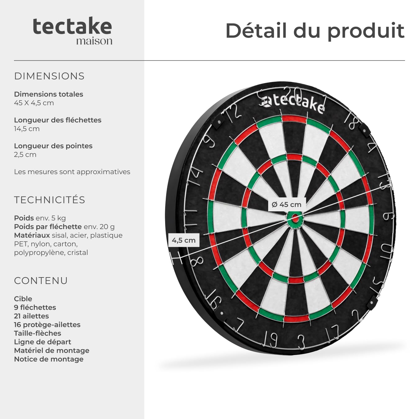 tectake® Jeu de fléchettes standard, Cible flechette en sisal, 9 fléchettes Pointe métal, 21 ailettes, 16 protège ailettes, Taille fléchette, Matériel de montage, Ligne de départ, Jeu de flechette Pro