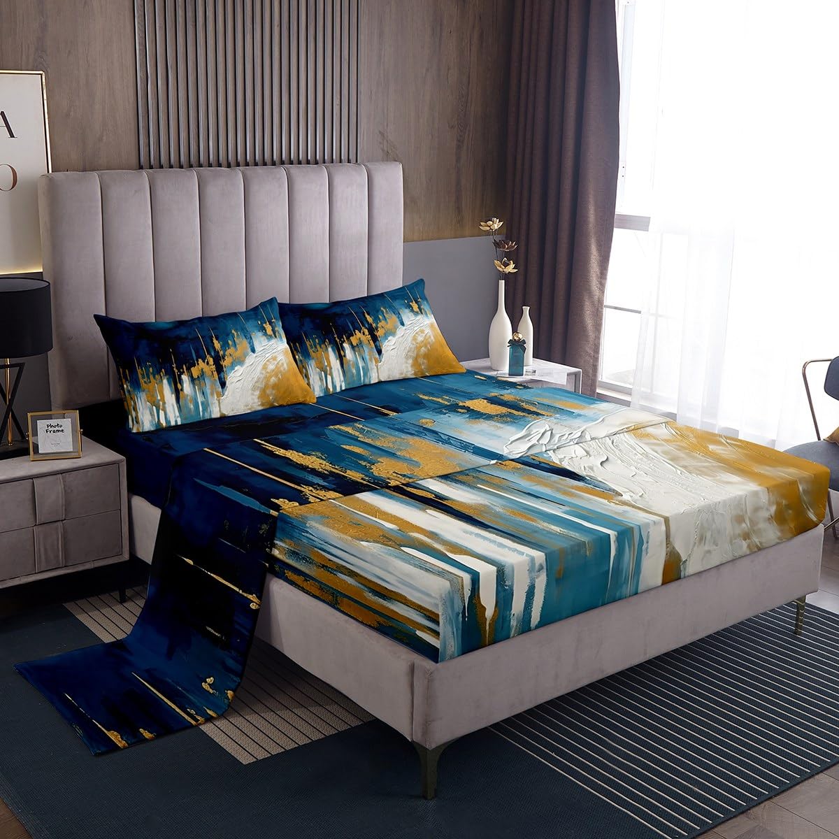 Erosebridal Navy Blue White Gold King Sheet Set Brush Strokes Oil Painting Sheets, Gradient Abstract Bed Set Ombre Graffiti Bed Sheets Set,