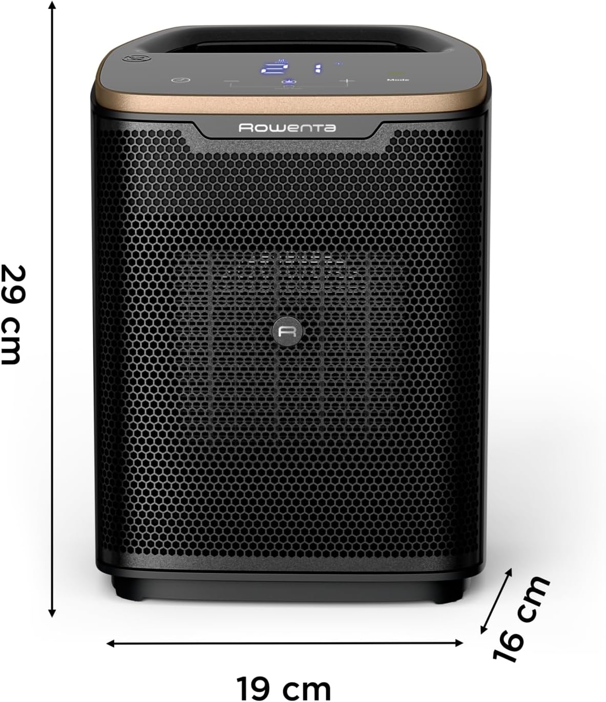Image showing the dimensions of the Rowenta Intense Comfort + heater: 29 cm height, 19 cm width, and 16 cm depth.