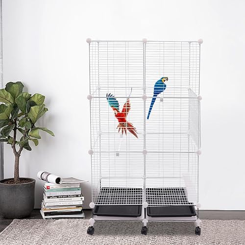 JAYEUW Cage à oiseaux avec portes 75 x 37 x 125 cm Grande volière à oiseaux en fer Insert pour bac à saleté Roue universelle 6 roulettes Blanc - 8