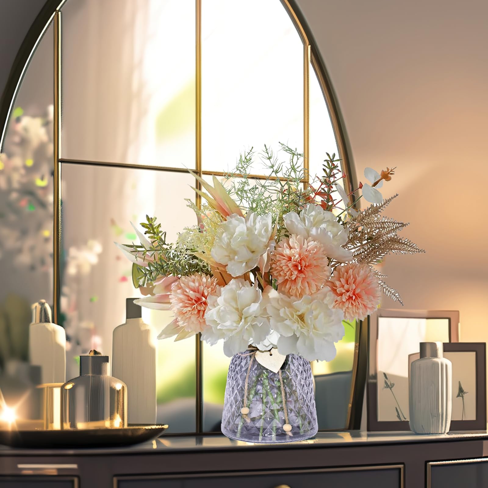 Flores Artificiales Decoracion - Rosas Artificiales con Jarrón de Cristal, Ramos de Flores Artificiales para Decoracion Habitacion y Decoracion Salon
