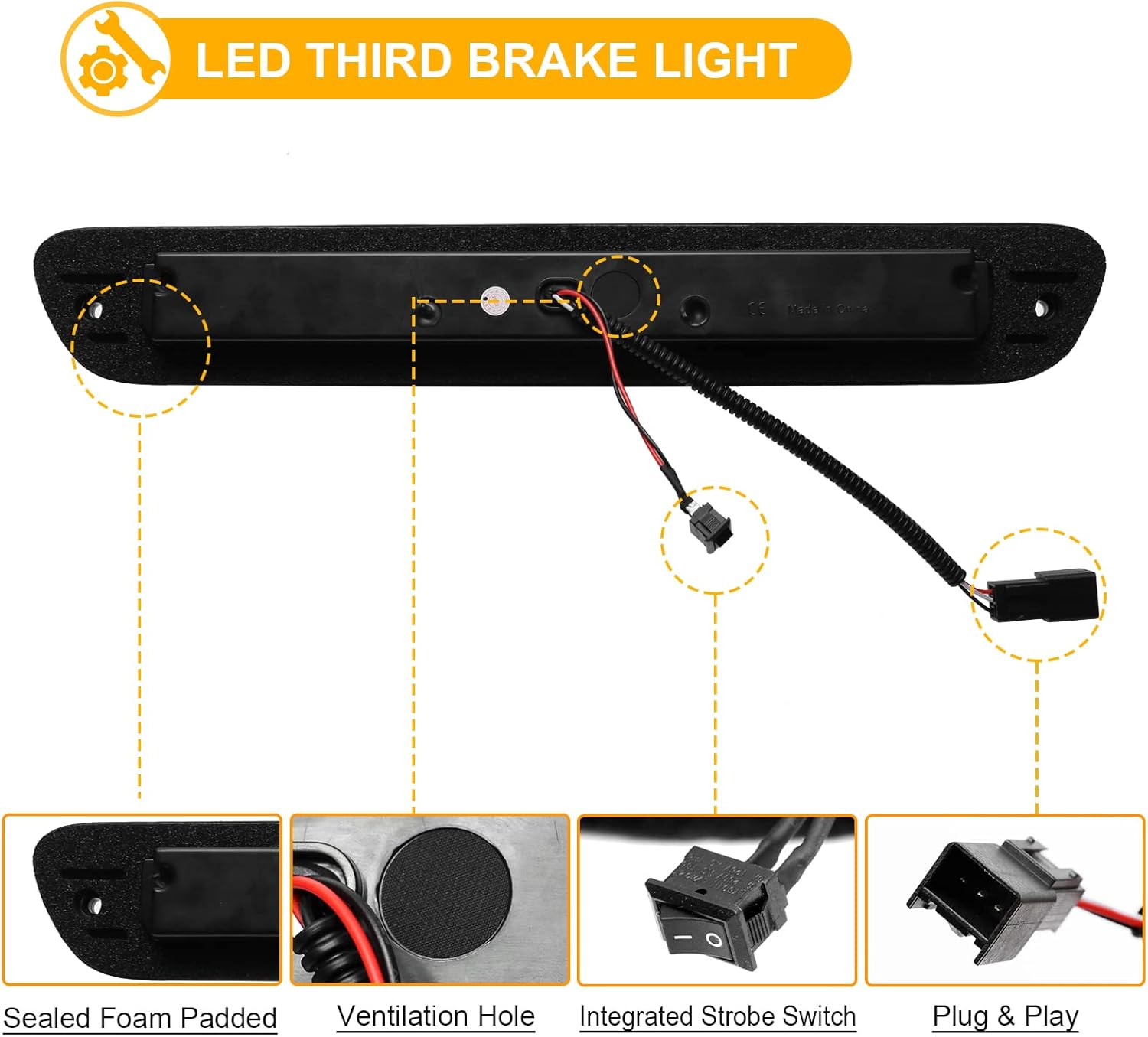 R&F Auto LED High Mount Brake Light Replacement for Colorado/Canyon (2004-2012) Pickup Trucks Roof Cargo Lights Third Brake Lamp with Seal Foam Gaskets F1 Style Red Flash Smoked Lens
