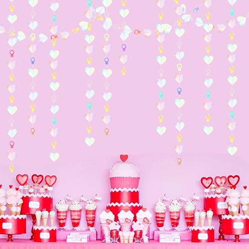 Miniatura 7 de Guirnalda iridiscente de anillo de corazón iridiscente para despedida de soltera de compromiso, 52 pies, pancarta holográfica de serpentinas de