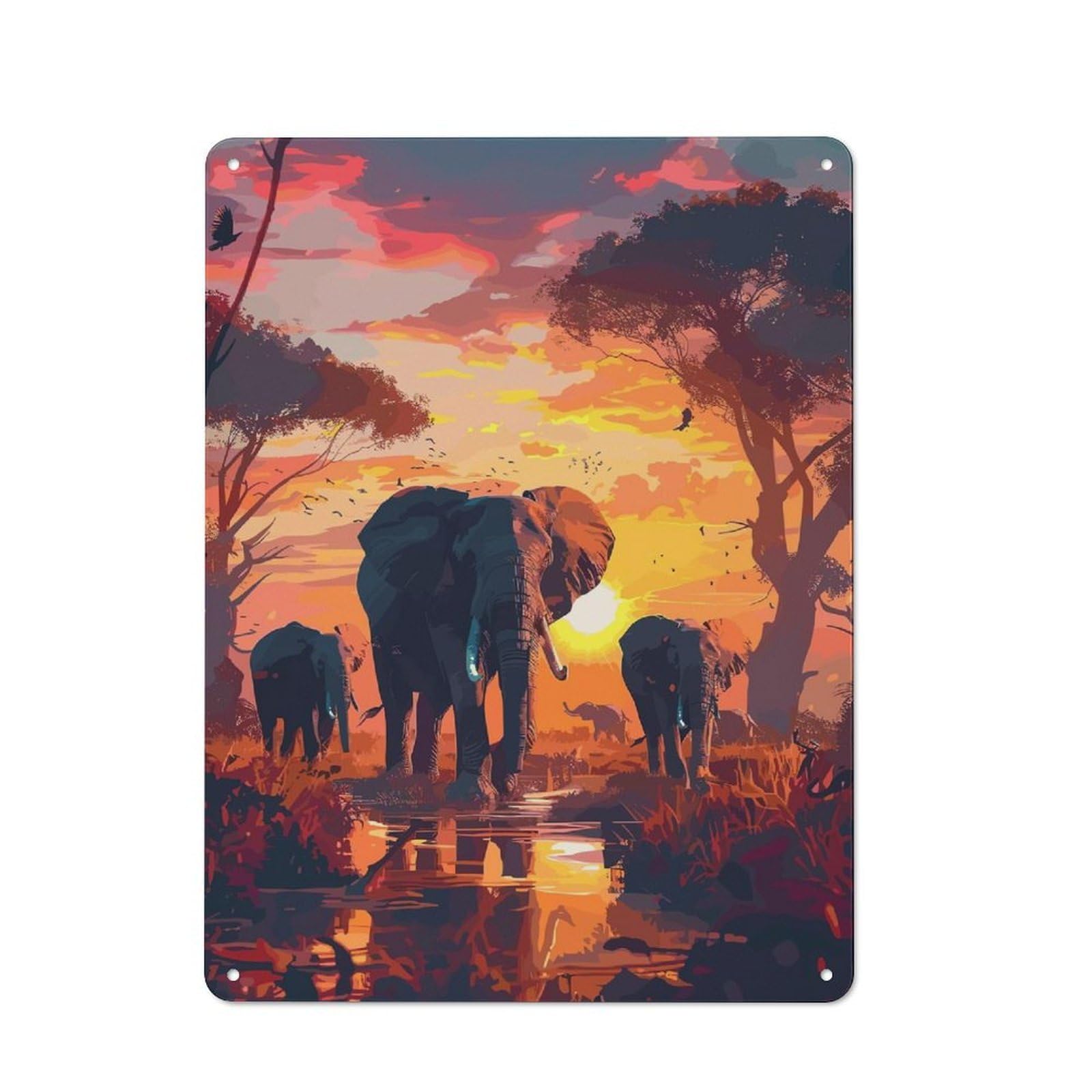 Junmoney Style-19 Elephants Sunset Savanna Rustic Tin Sign 40X30cm For Man Cave Or Games Room, A Decorative Gift For A Newly Furnished Man Cave And Games Room