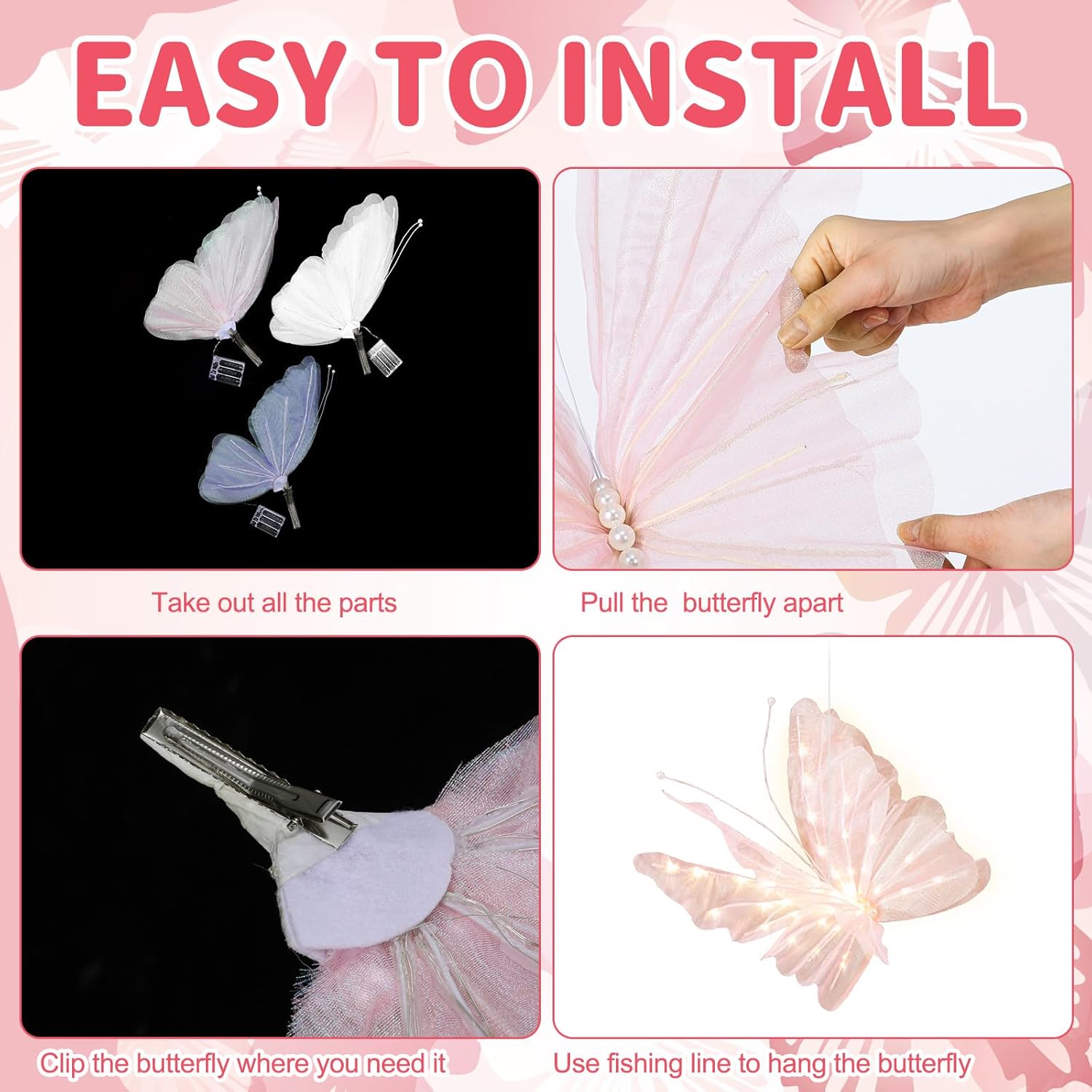 VIHOSE 3 Pcs 19.7'' Butterfly LED Lights Bulk Pink Giant Butterfly Decoration Large Light up Decorative LED Lamps for Wedding Spring Easter Outdoor Photography Props Birthday Holiday Decor - Image 4