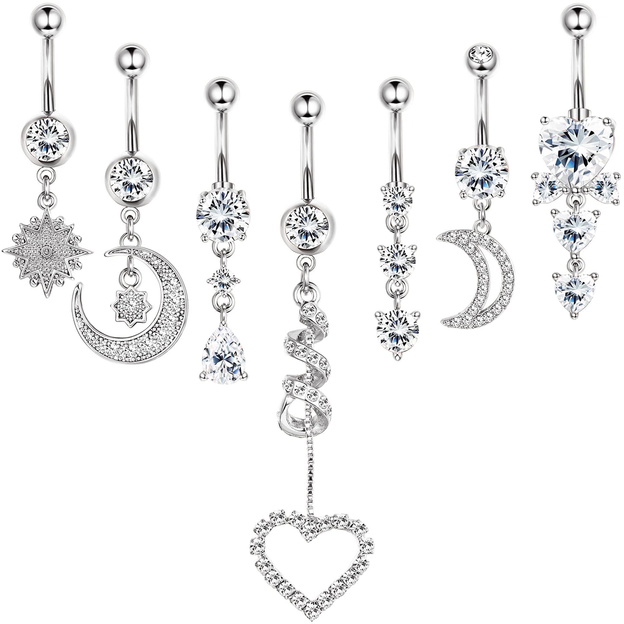 MILACOLATO14g Dangle Belly Button Rings for Women Surgical Steel Belly Rings Clear CZ Navel Rings