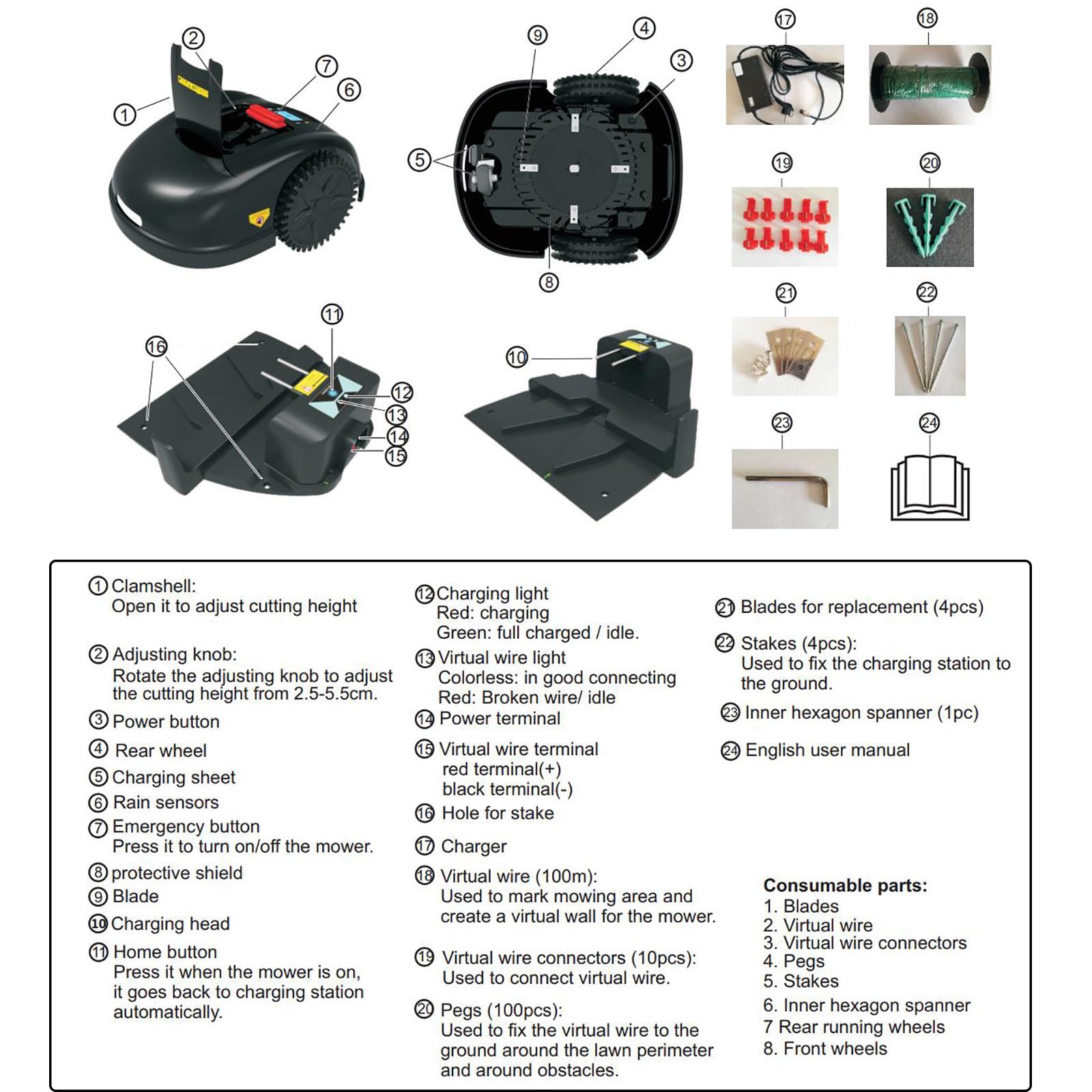 Robot CortacéSped, CortacéSped De JardíN con Carga AutomáTica, BateríA De 6,6 Ah, Antirrobo, Tiempo De Trabajo Programado Y Tiempo De Descanso, para Patio/Parque (3200㎡), WiFi