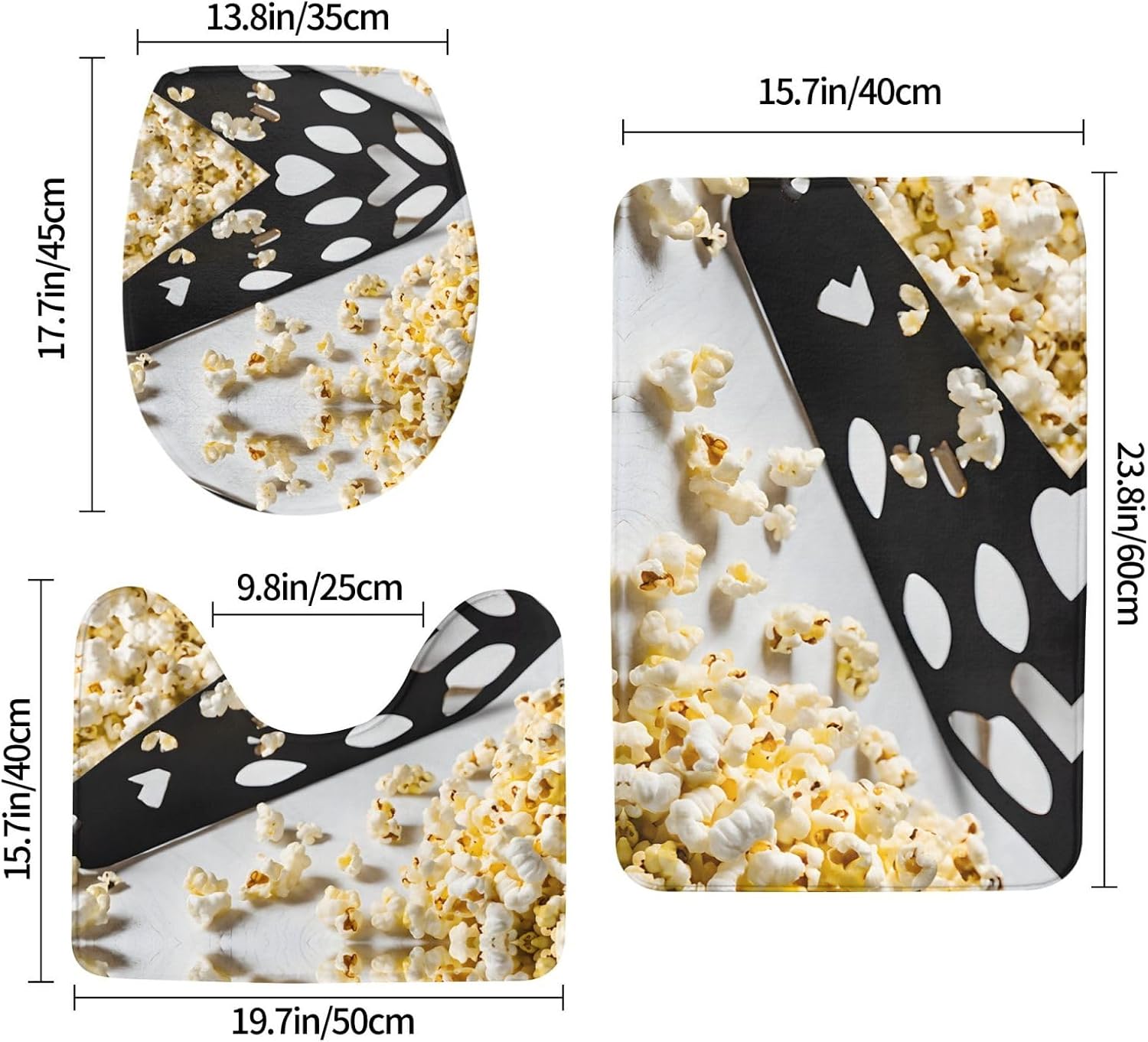 Cinema Movie Clapboard and Popcorn Print 3pc Bathroom Rug Set, Soft Flannel, Non-Slip, Absorbent Bath Mat, Contour & Lid Cover, Hand Wash