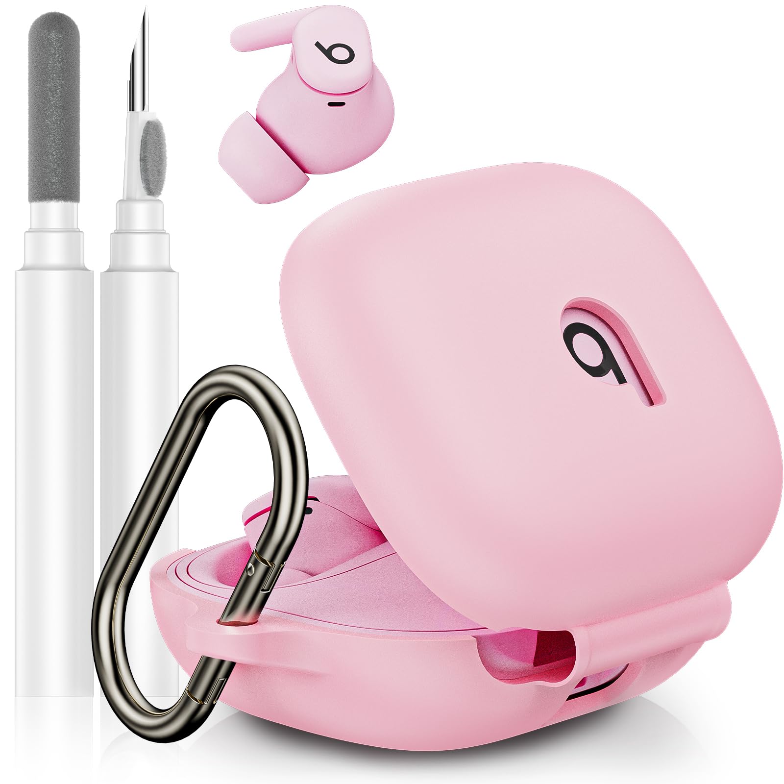 Photo 1 of LDSXAY Compatible with Beats Powerbeats Fit Case Cover, Soft Silicone Shockproof Protective Skin Case for Powerbeats Fit Earbuds 2025 with Cleaner Kit & Carabiner, Top Logo Visible (Pink)