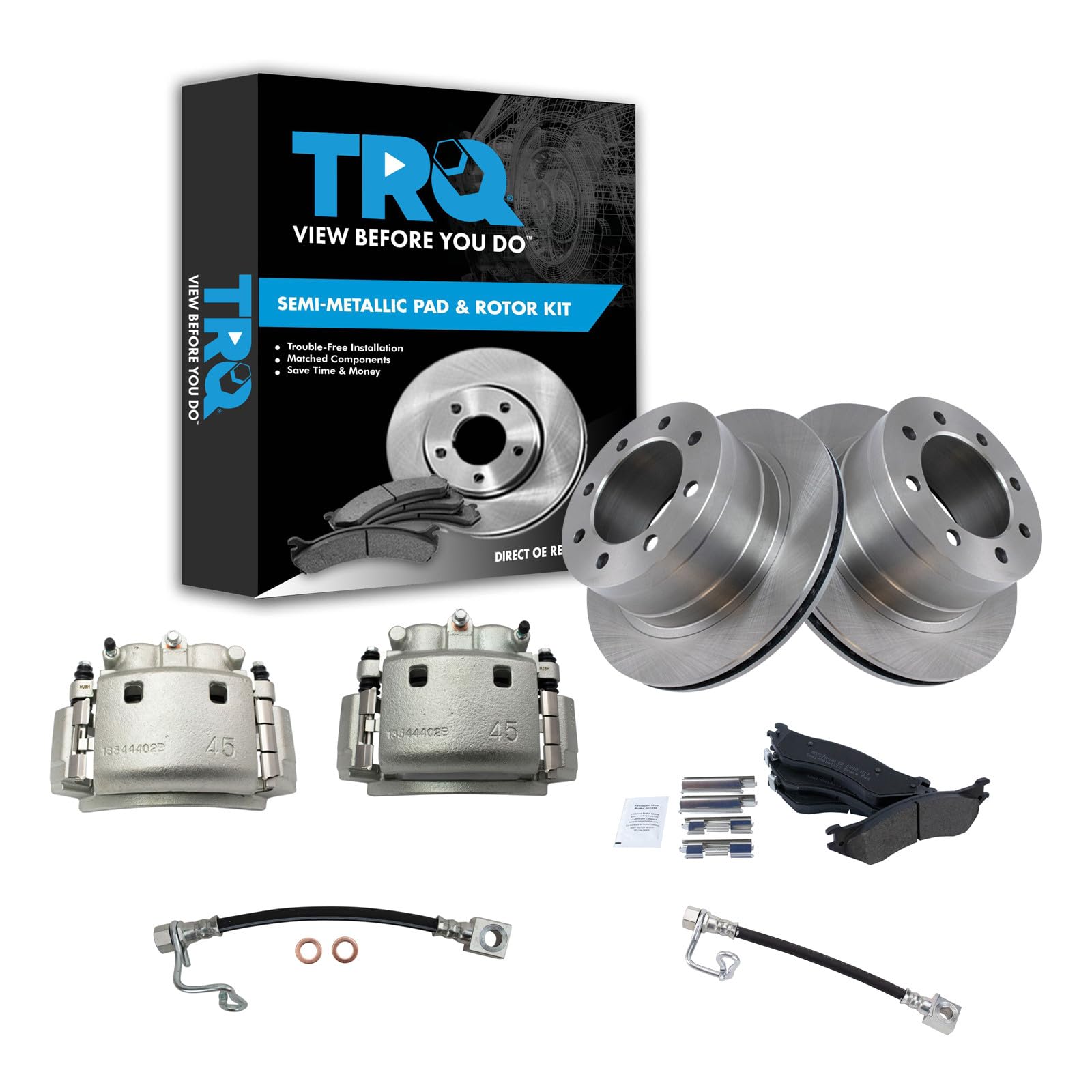 TRQ Rear Brake Pad, Caliper, Hose, &amp; Rotor Kit Semi-Metallic Compatible with 2003-2008 Dodge Ram 2500 Ram 3500