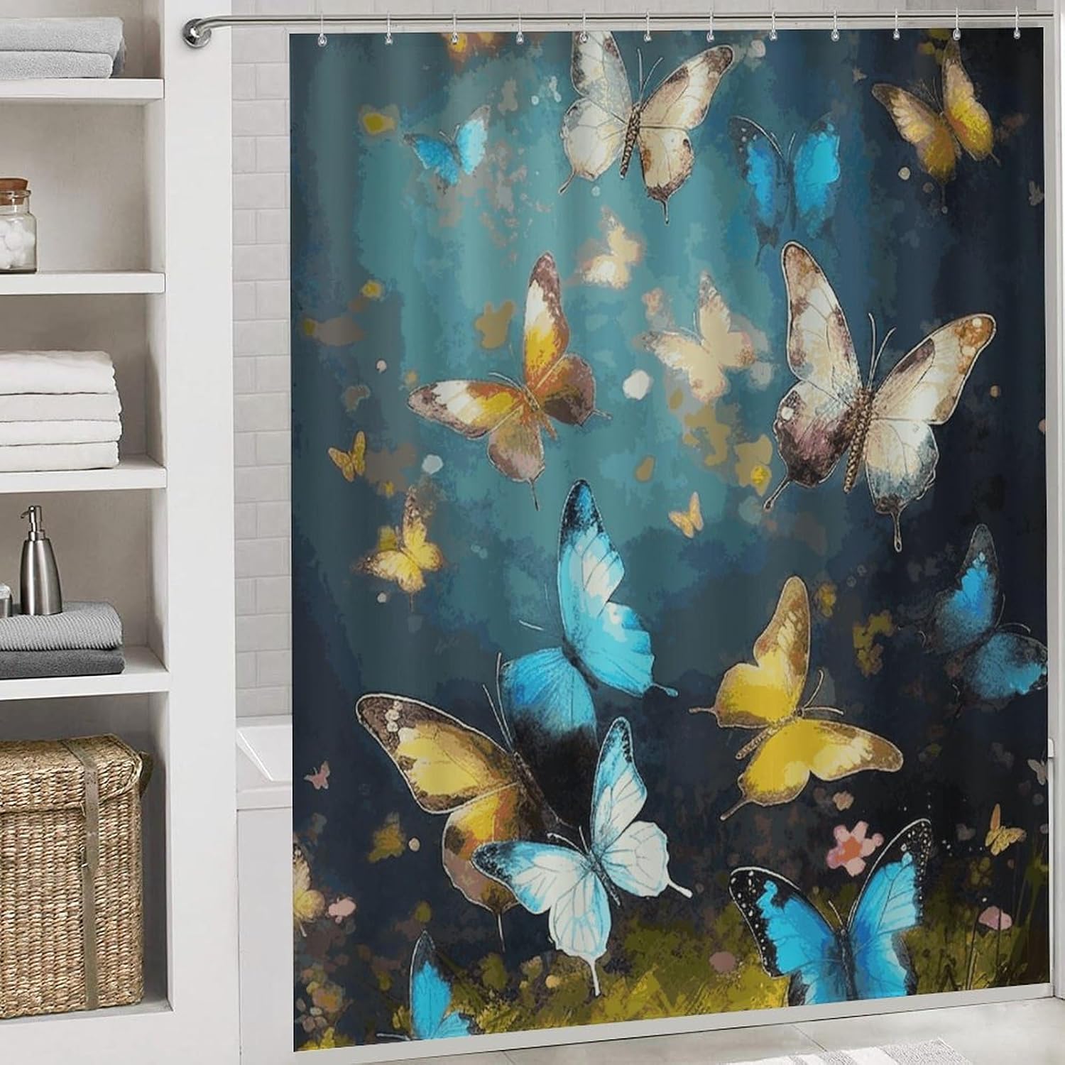 4 Piece Bathroom Rug Set with Shower Curtain, Non-Slip Bath Mat Toilet Cover Set, Butterflies Bathroom Rug Sets