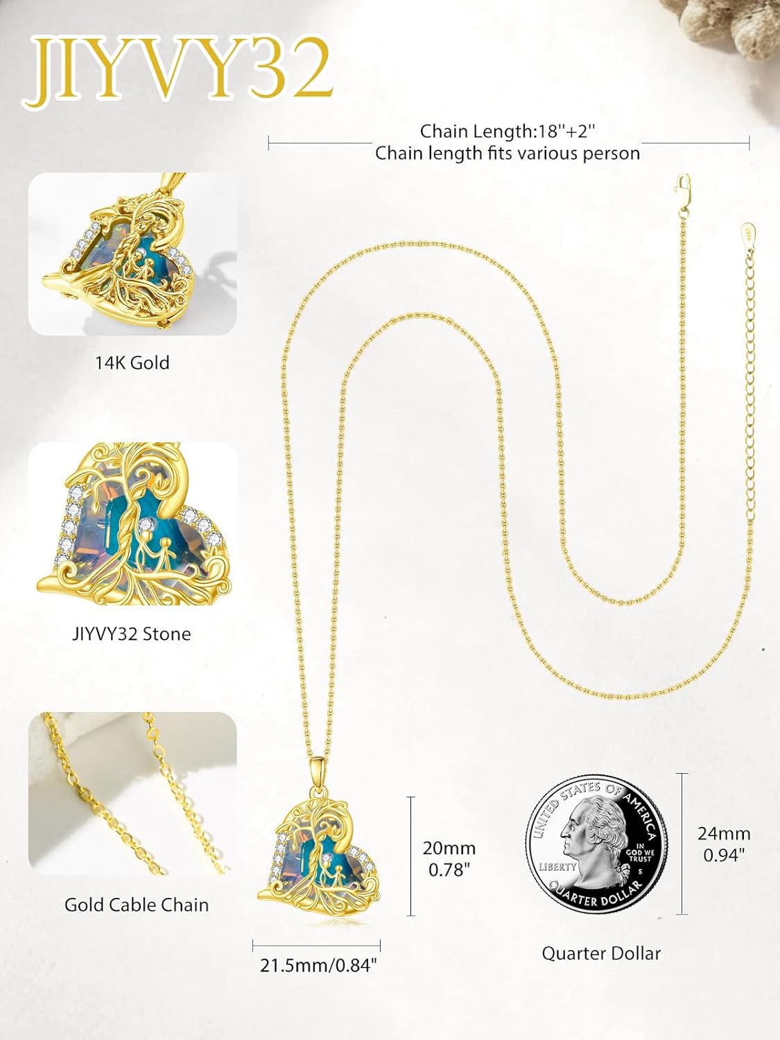 14K Gold ValentinesTree Of Life Necklace Gifts for Women,Mother and 2 Pendant Stone Family Tree Necklaces,Valentines Anniversary Birthday Gifts for Her Wife Mom Grandma Daughter - Image 3