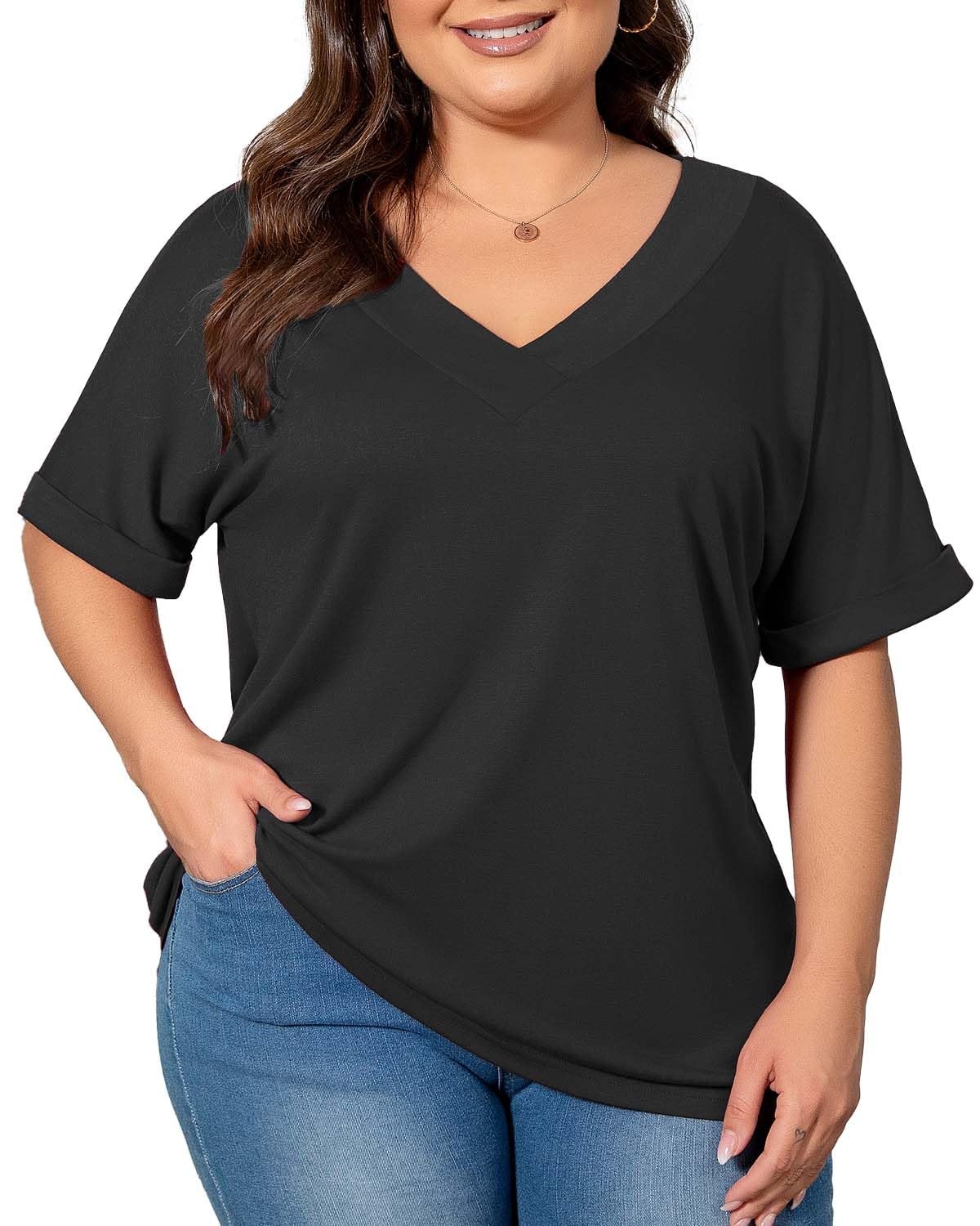 CARROTMOB Women's Plus Size Casual V Neck T-Shirt Loose Fit Short Sleeve Blouse Curvy Tunic Top Fashion Clothing
