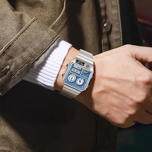 Miniatura 6 de MASTOP Reloj digital analógico cuadrado retro con pantalla de temperatura 3 zonas horarias retroiluminación luminosa 164.0 ft alarma impermeable