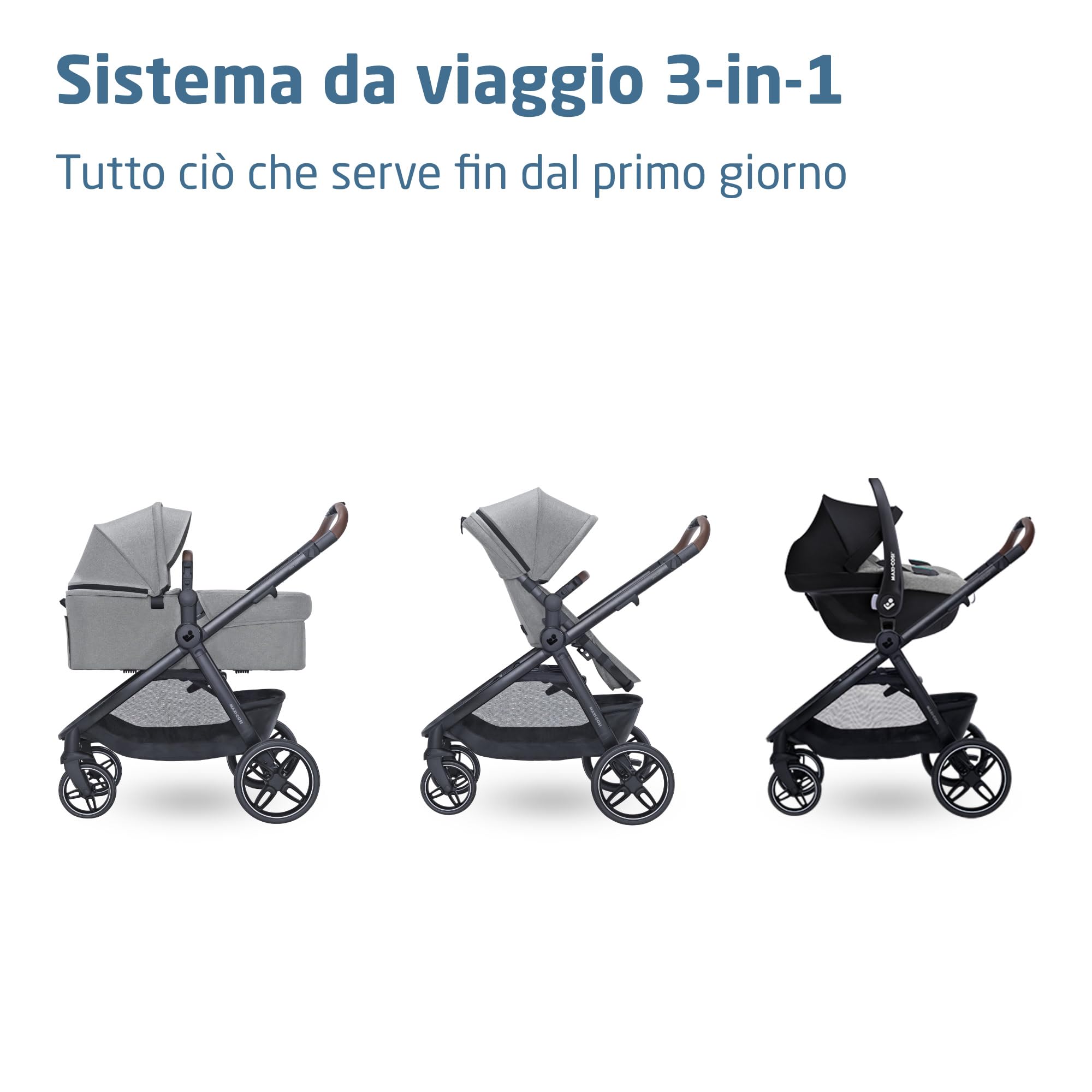 Maxi Cosi Zelia Select+, Passeggino Trio Con Seggiolino Auto, 0-4 anni (0-22 kg), Passeggino Neonato Con Chiusura Compatta a Una Mano, Navicella Reversibile, Seggiolino Auto CabrioFix S i-Size, Grigio