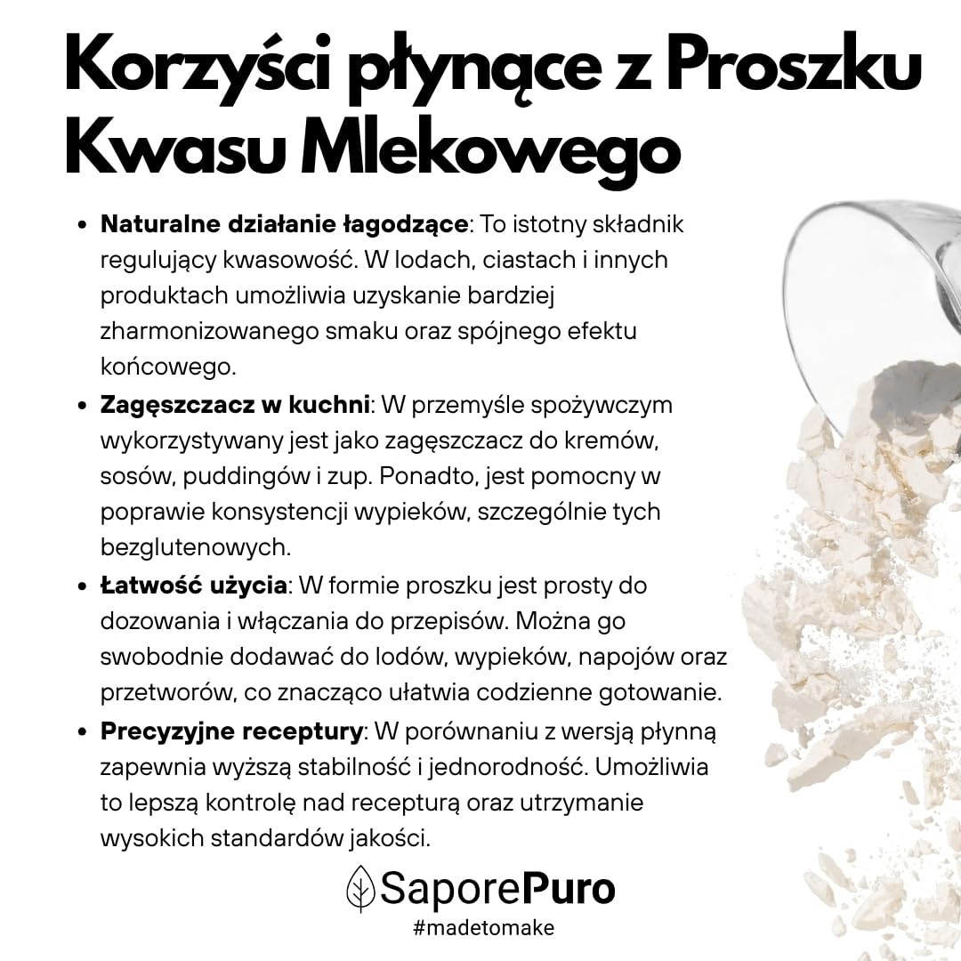 SaporePuro Kwas Mlekowy w Proszku 80 g – Czysta Jakość Spożywcza – Do Piekarnictwa, Nabiału, Napojów Fermentowanych i Zastosowań Kosmetycznych