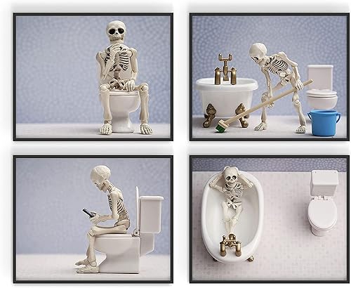 Miniatura 5 de Divertidos impresiones artísticas de esqueleto para baño, juego de 4 carteles de decoración humorística de calavera para inodoro, carteles góticos