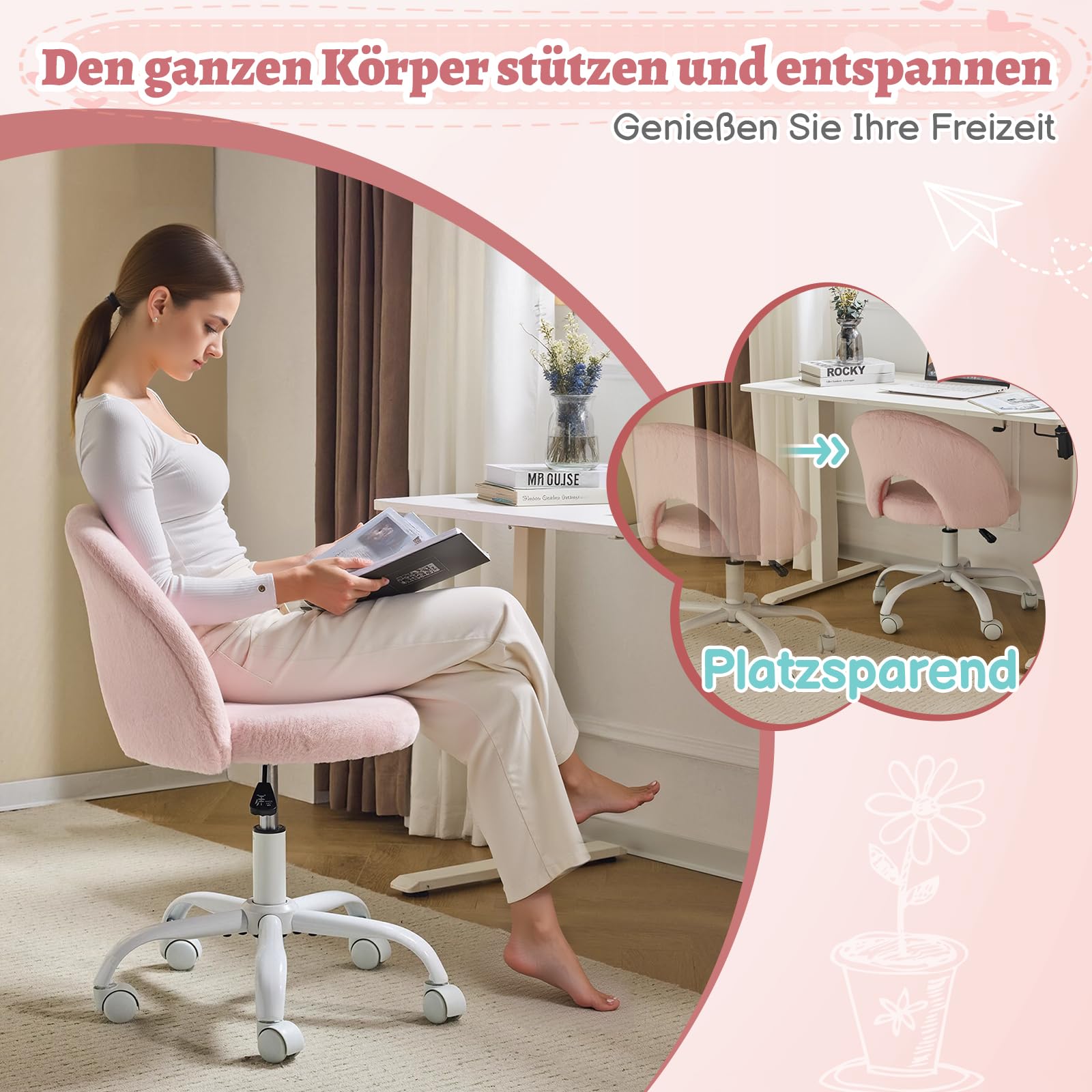 Bonnlo Homeoffice Stuhl, Schreibtischstuhl, Schminktisch Stuhl, Bürostuhl ohne Armlehnen, Drehstuhl mit Rollen, Höhenverstellbar, Homeoffice, Make up (Kunstkaninchenfell, Rosa)