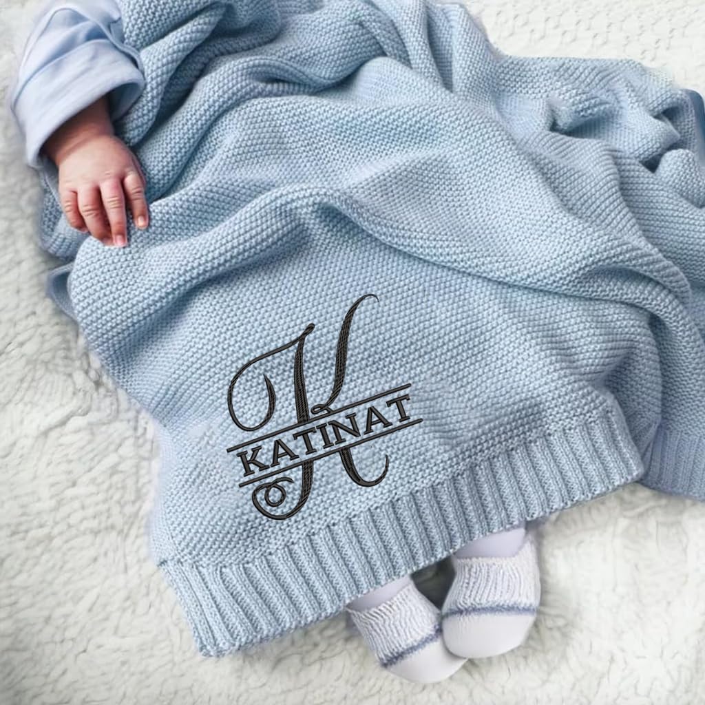 Luxury Personalized Knit Embroidered Baby Name Blanket Custom Embroidered Monogrammed Cotton Nursery Blanket Gifts for Newborn Baby Boy and Girl Newborn Holiday Shower Gift Cotton Knit Stroller 2