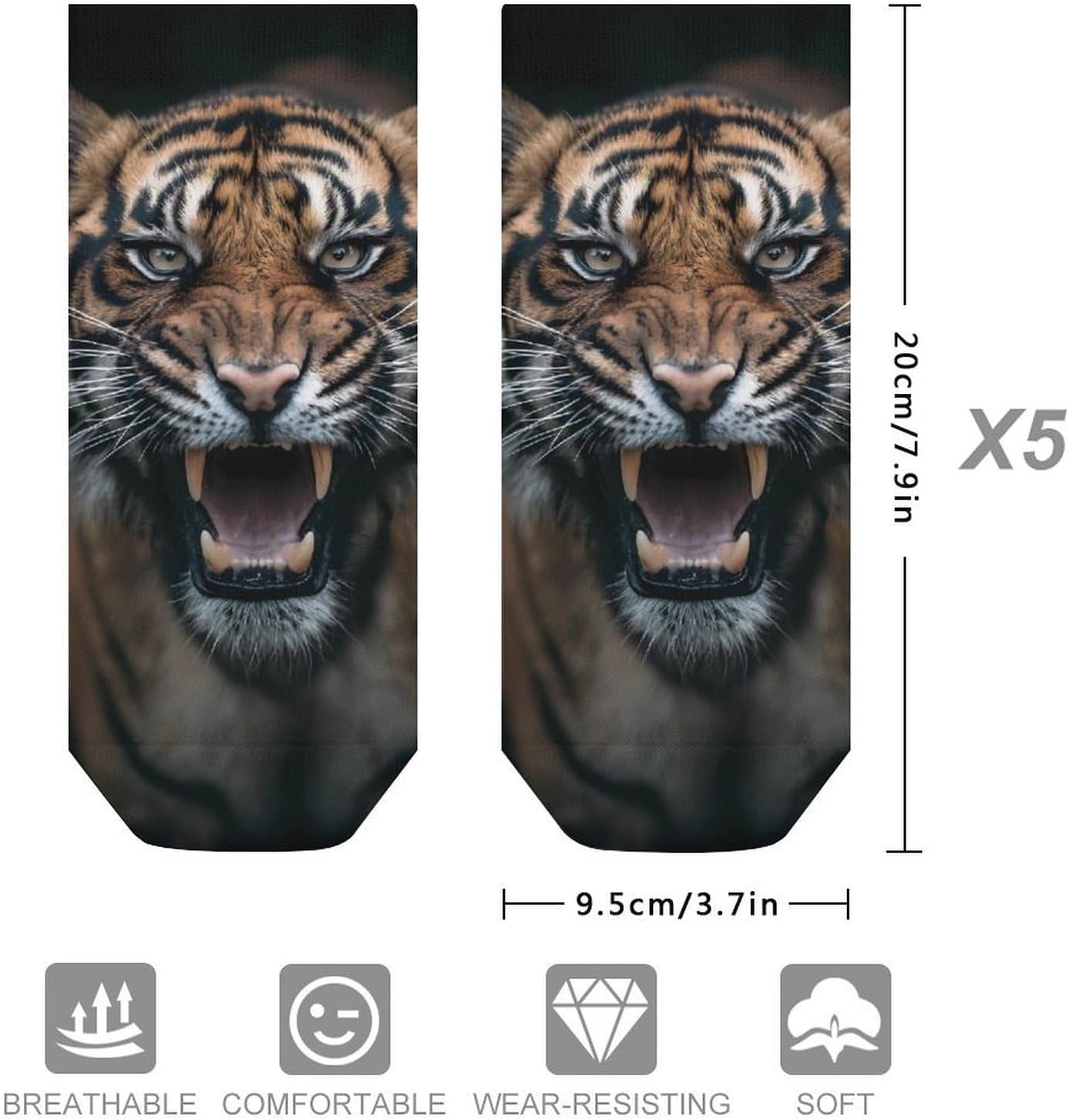Tiger Roaring No Show Ankle Socks Low Cut Non Slip Flat Boat Line 5 Pairs Set