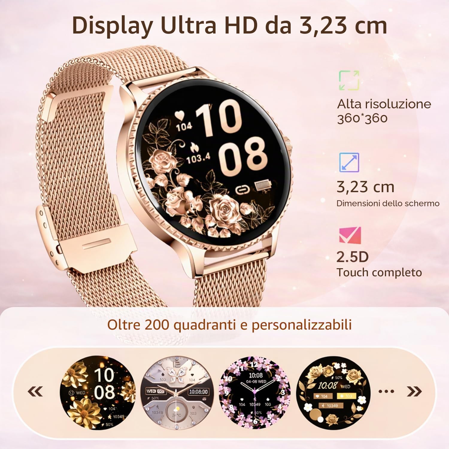 Smartwatch Donna, Orologio Intelligente Rotondo 1,27" HD con Chiamate Bluetooth, 2 Cinturini, Cardiofrequenzimetro SpO2 Sonno Contapassi, Orologio Fitness IP68 Impermeabile per Android/iOS, Oro rosa