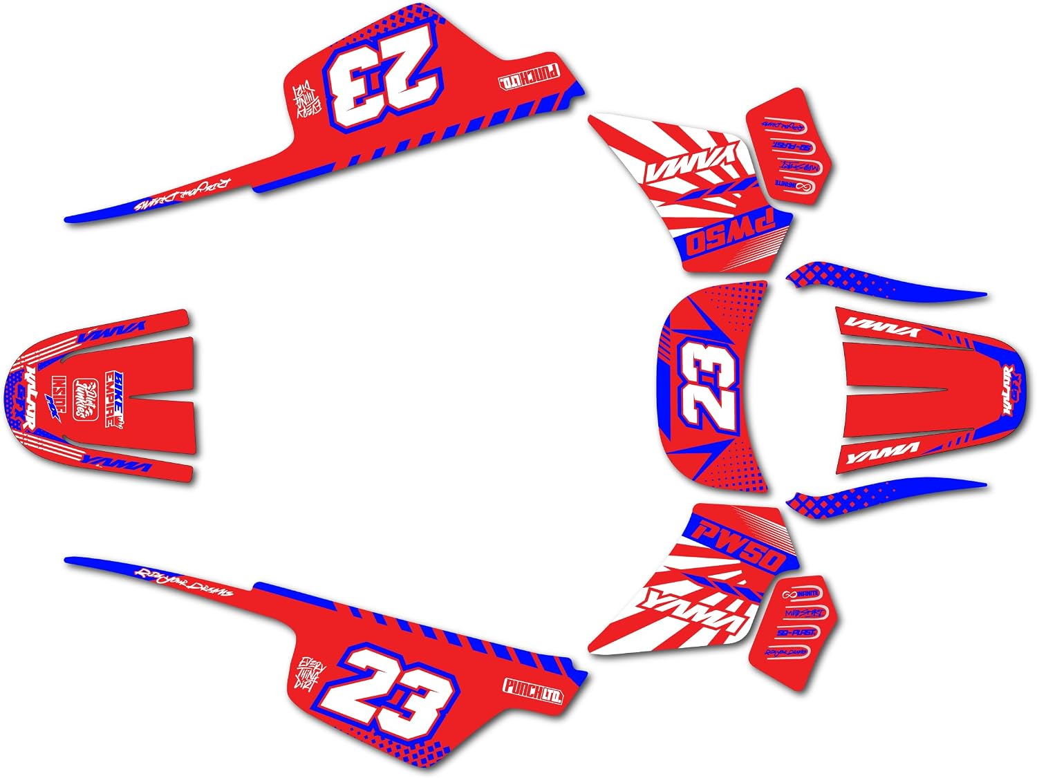 Graphics Kit for Yamaha PW50 (1980-2023) FH Series Red Blue 16 Mil-Dirt Bike Custom Racing Graphics Decals Stickers Kit, no-Plastics