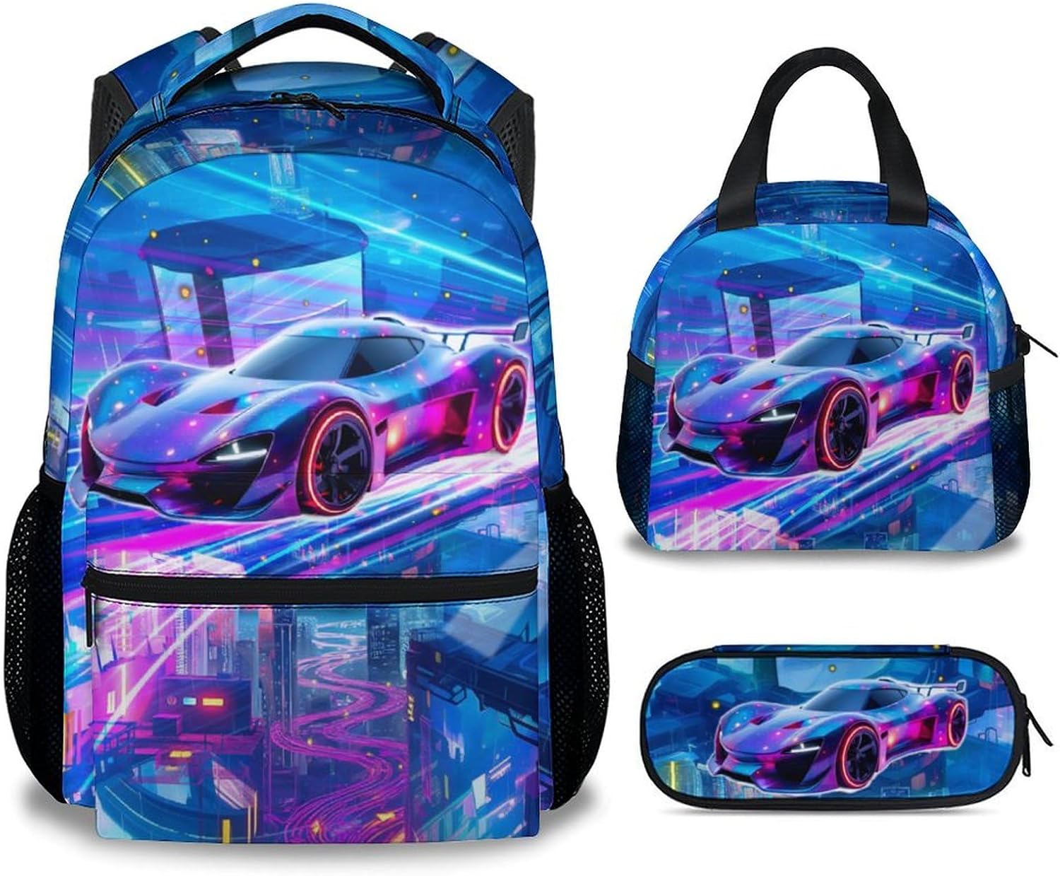 Boys Backpack Set, School Back Pack with Lunch Box, Racing Car Backpack for Kids Ages 6-8, 17 Inch Toddler Schoolbag with Large Capacity